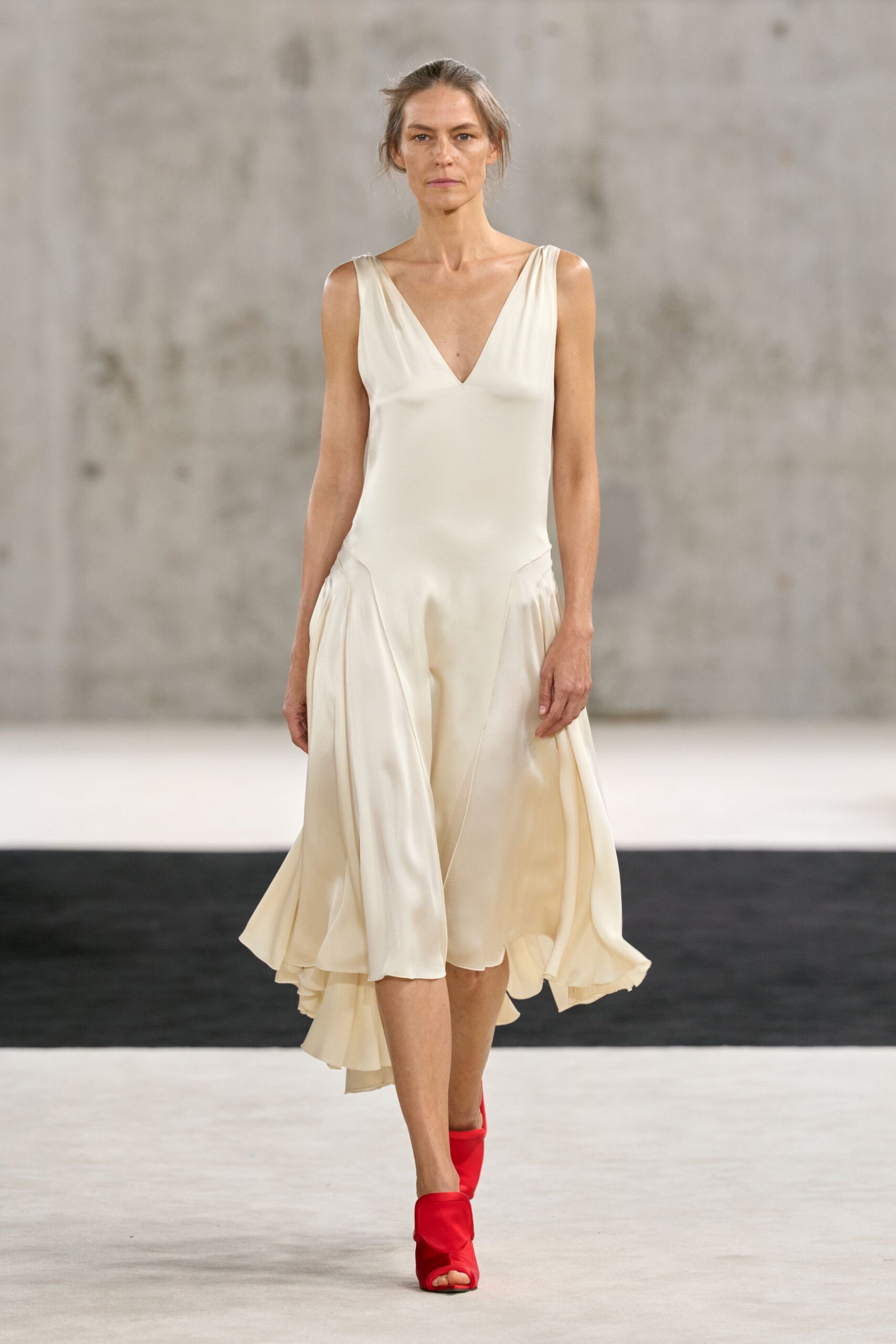 ivory satin sleeveless v-neck draped flowing shiny midi-dress