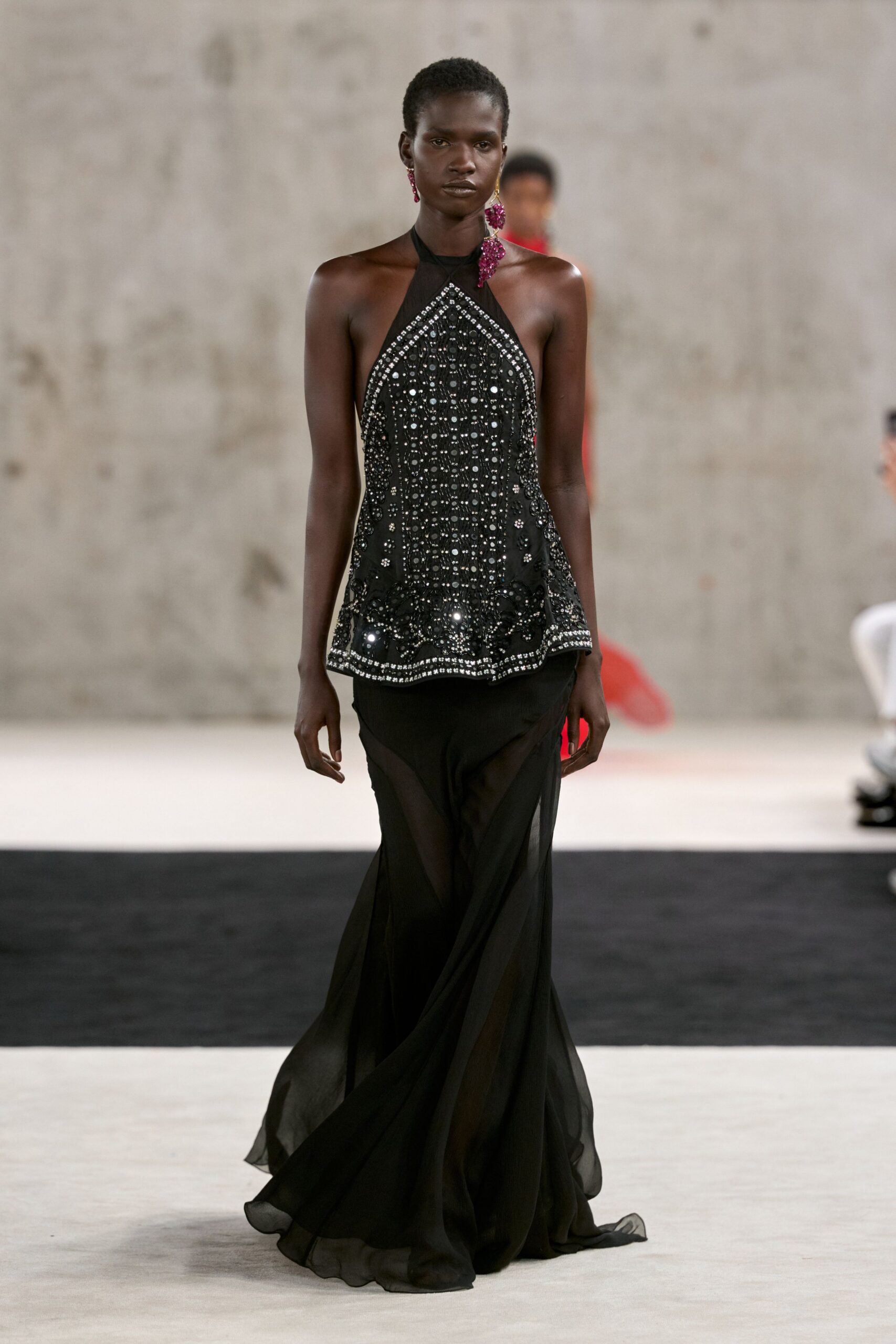 black embellished halter evening gown