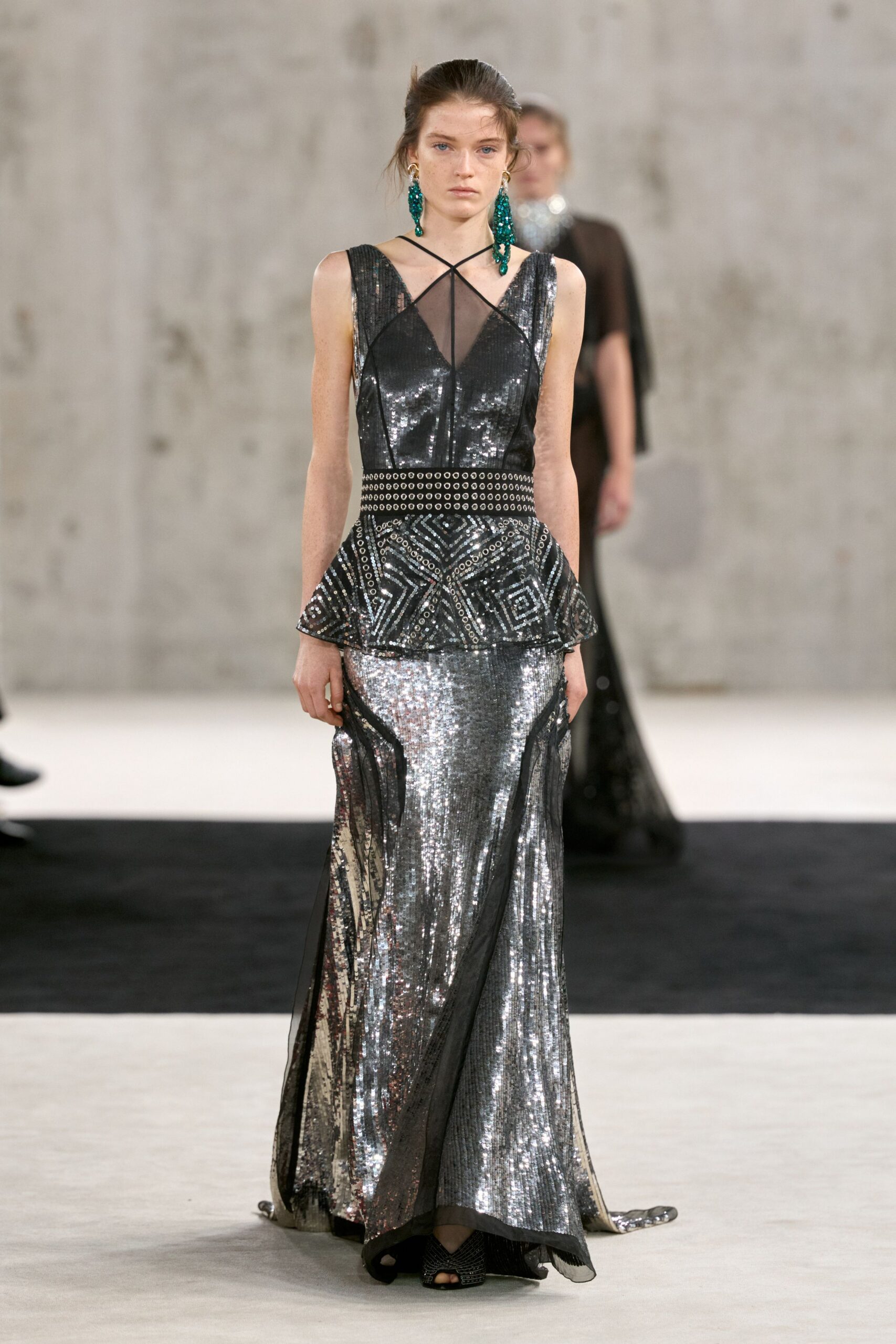 silver sequined mesh evening gown