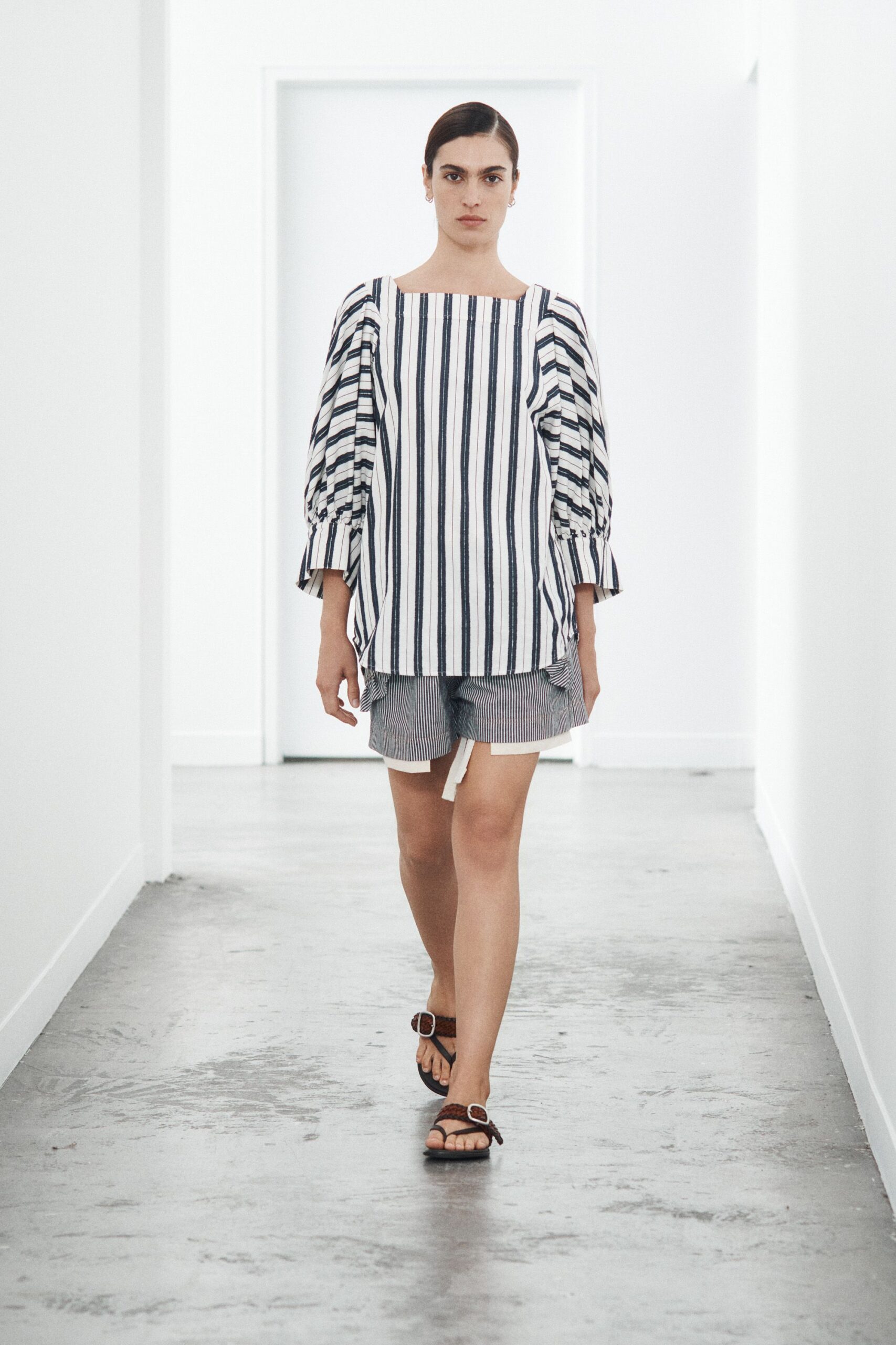 white cotton boat-neck long-sleeve oversized striped ruched top
