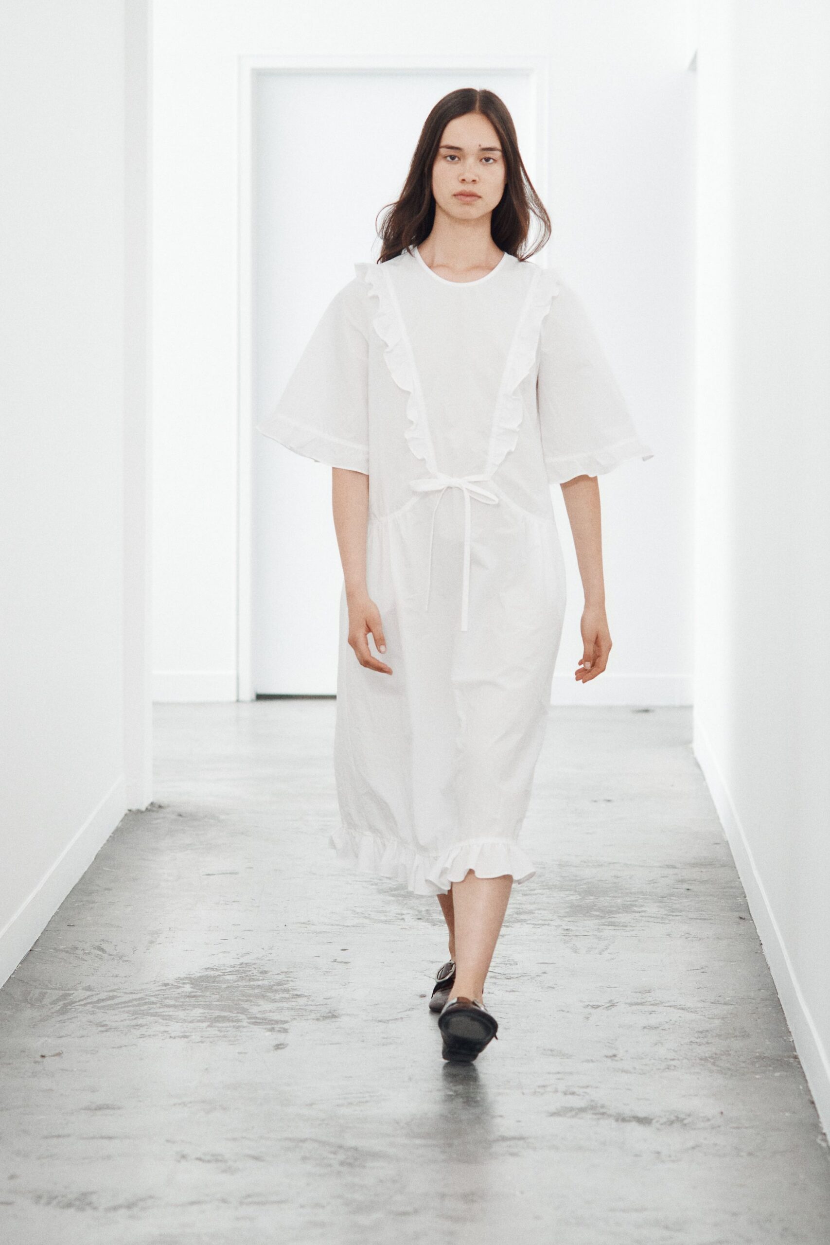 white ruffled organza midi dress