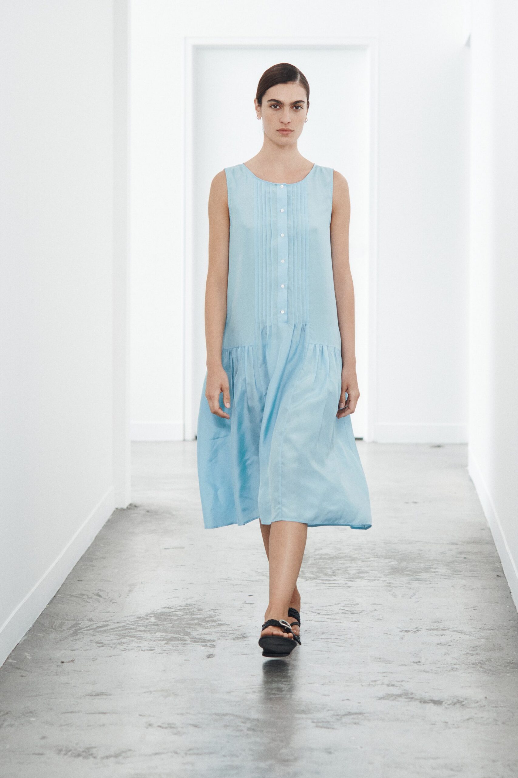 blue drop-waist pleated midi dress
