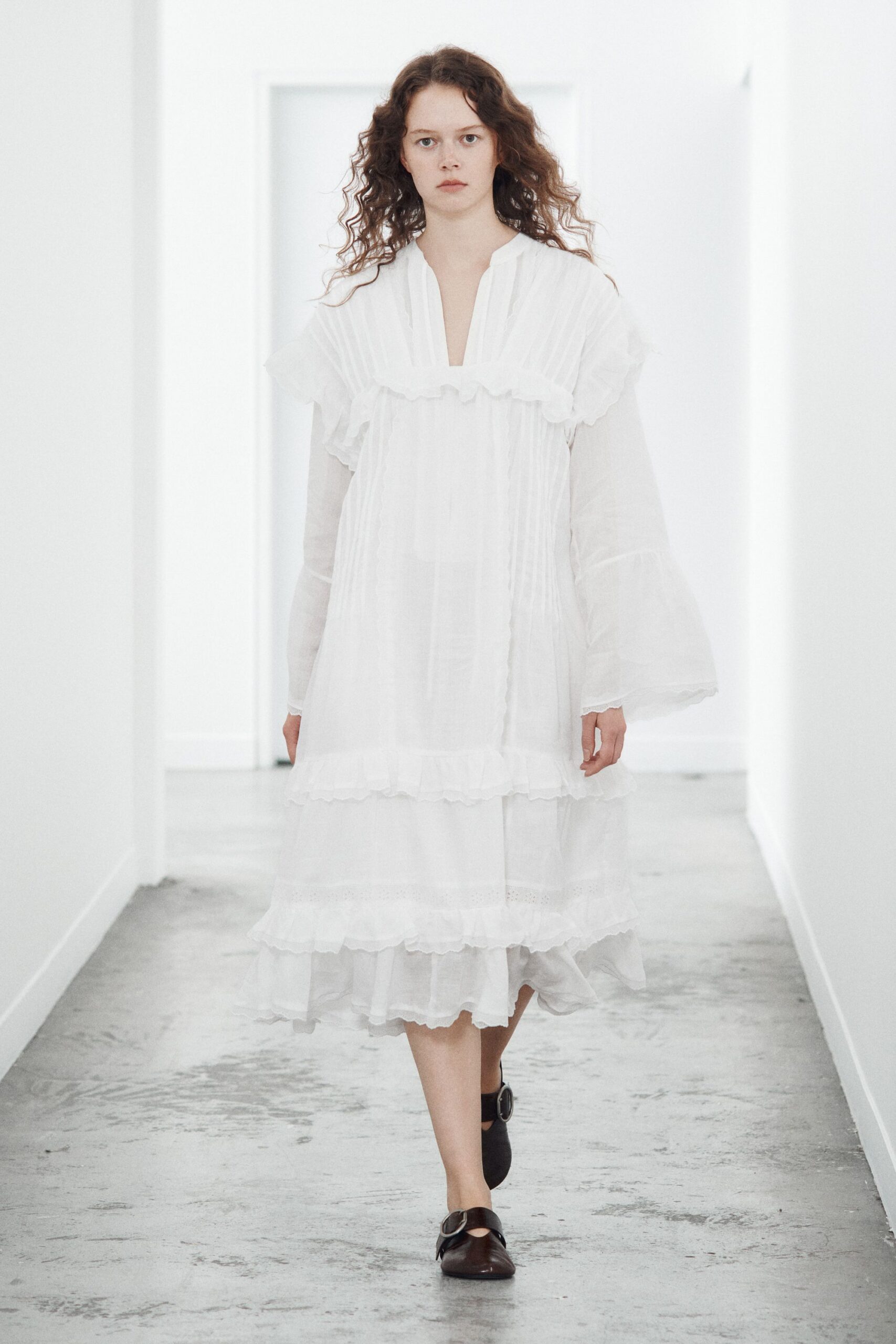 white ruffled chiffon peasant dress