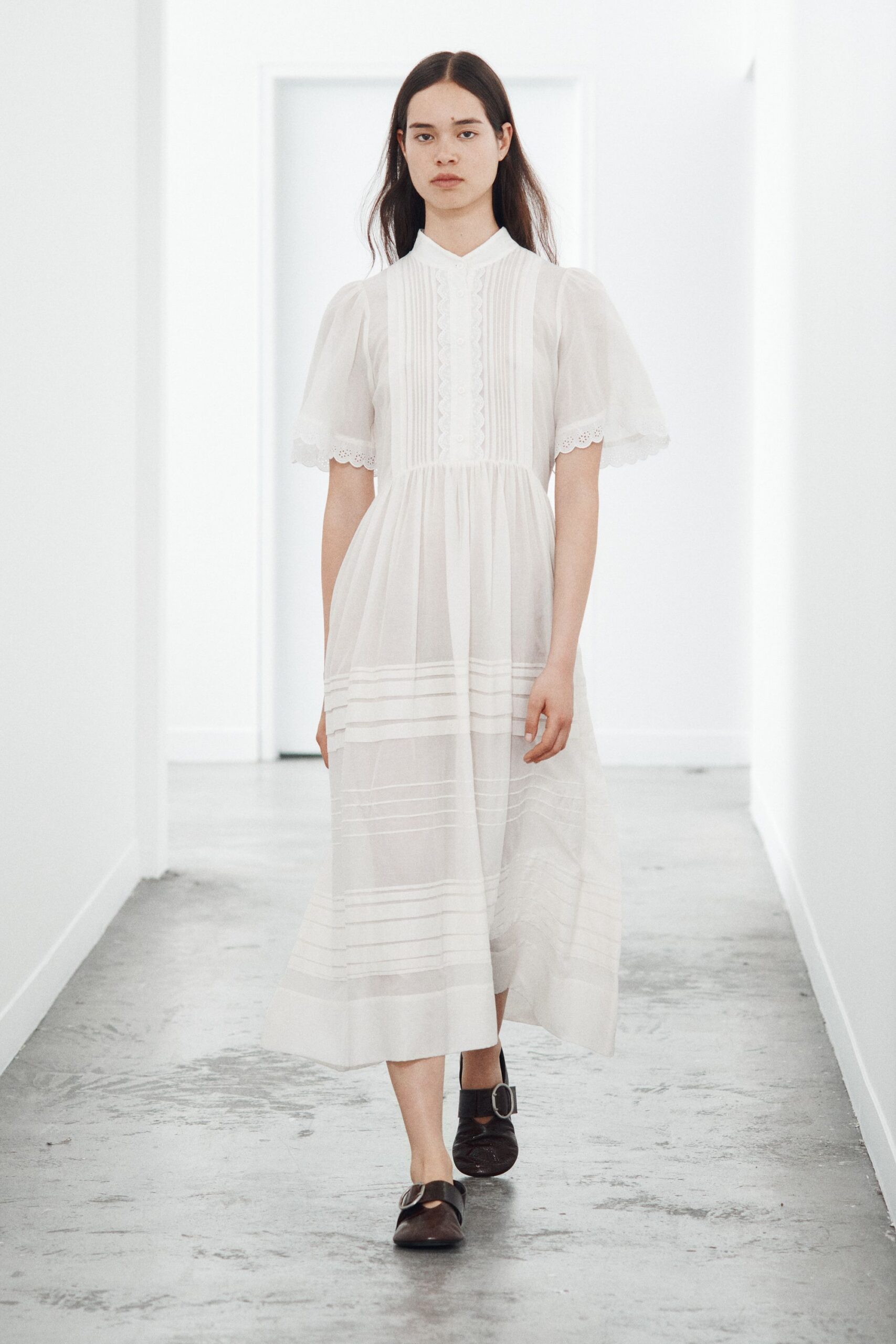 white sheer pintucked midi dress