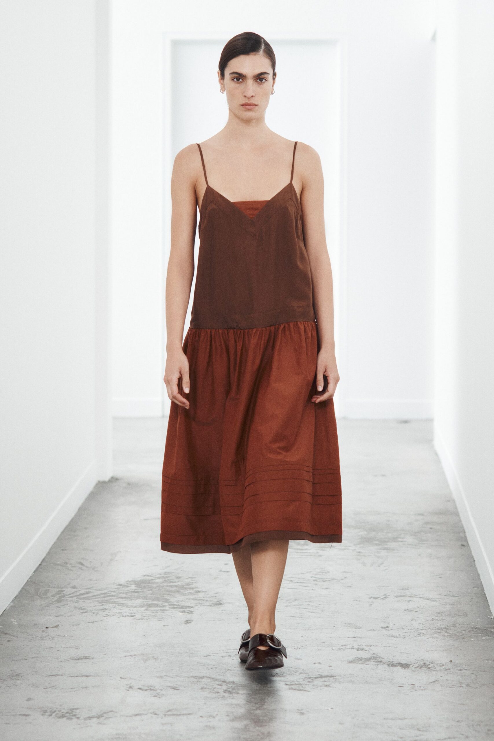 brown drop-waist slip midi dress