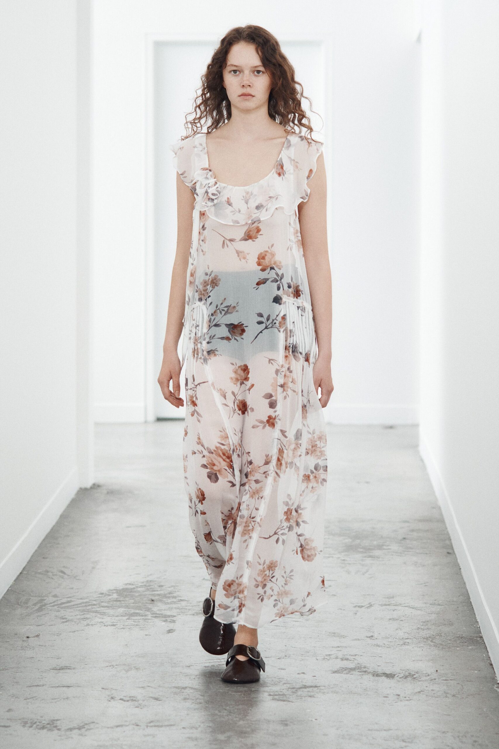 ruffled floral chiffon maxi dress