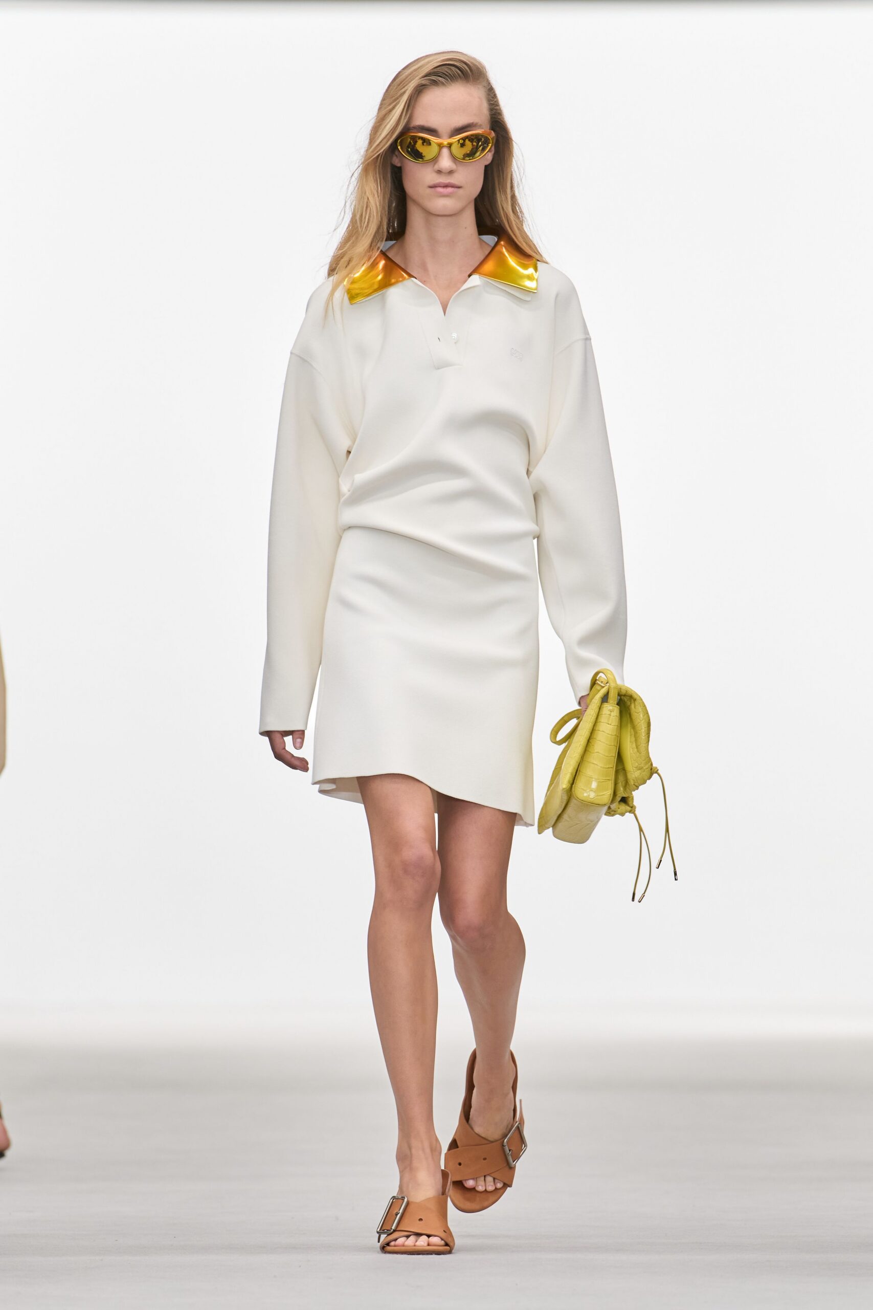 ivory mini dress with metallic collar