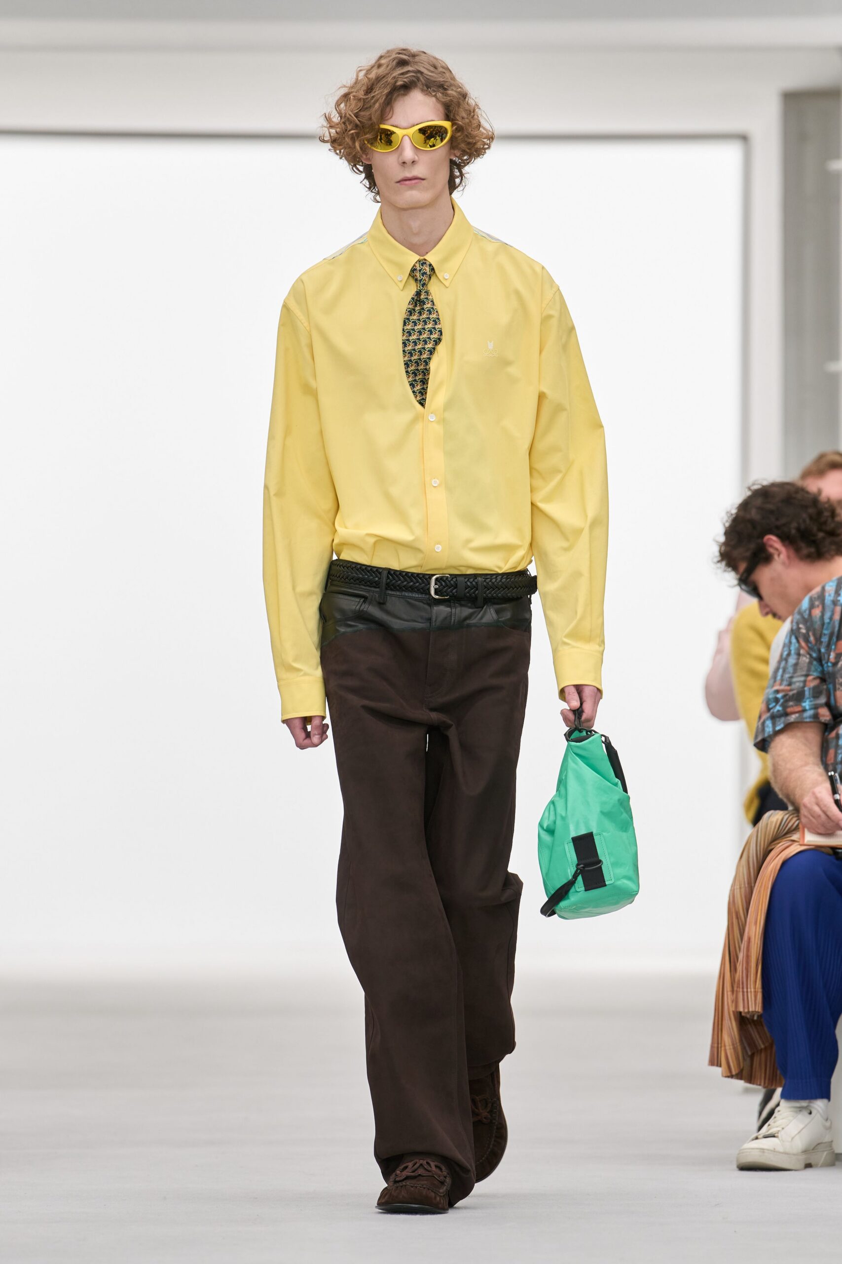 yellow button-down shirt