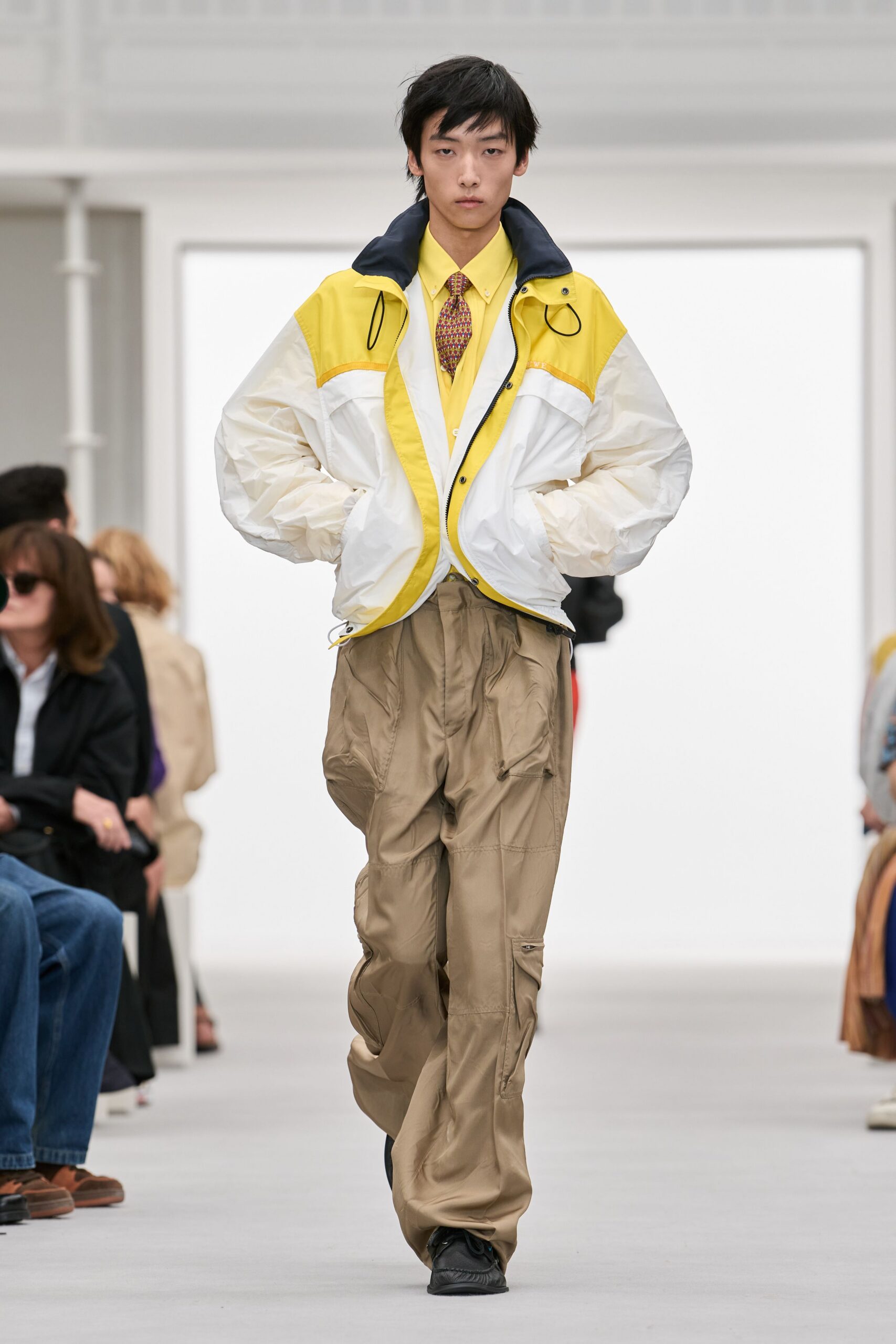 yellow and white windbreaker jacket