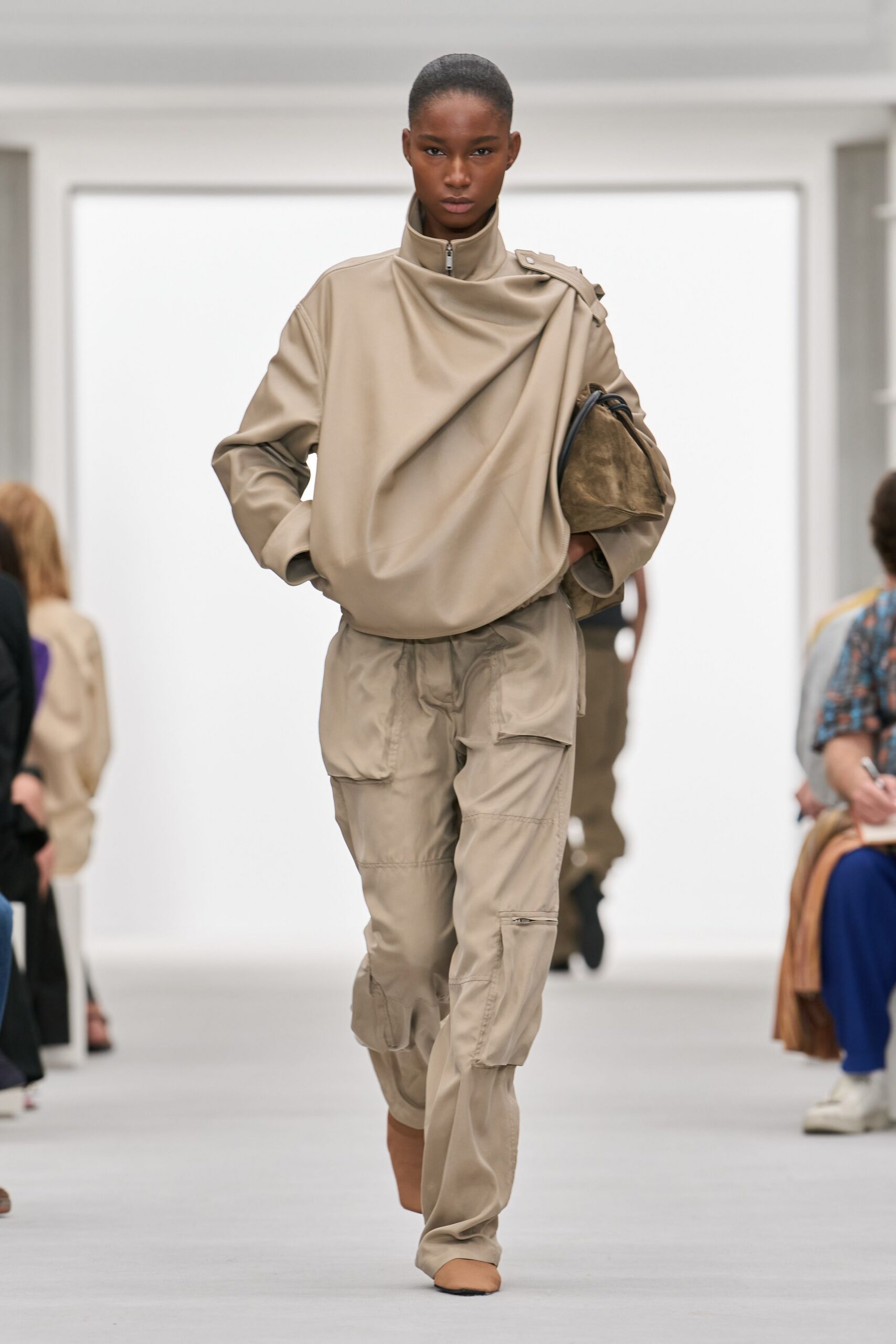draped funnel-neck leather jacket