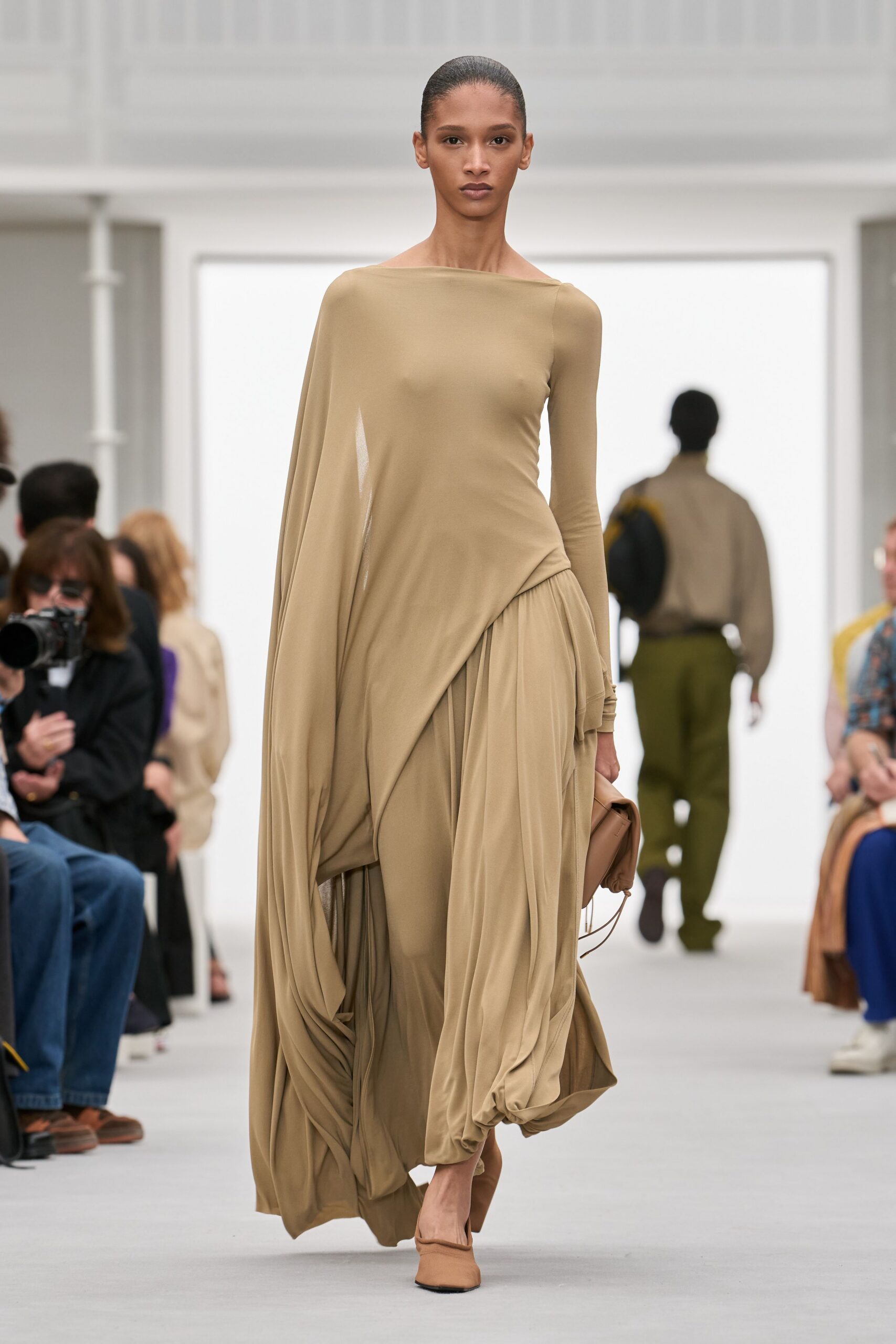 one-sleeve draped jersey gown