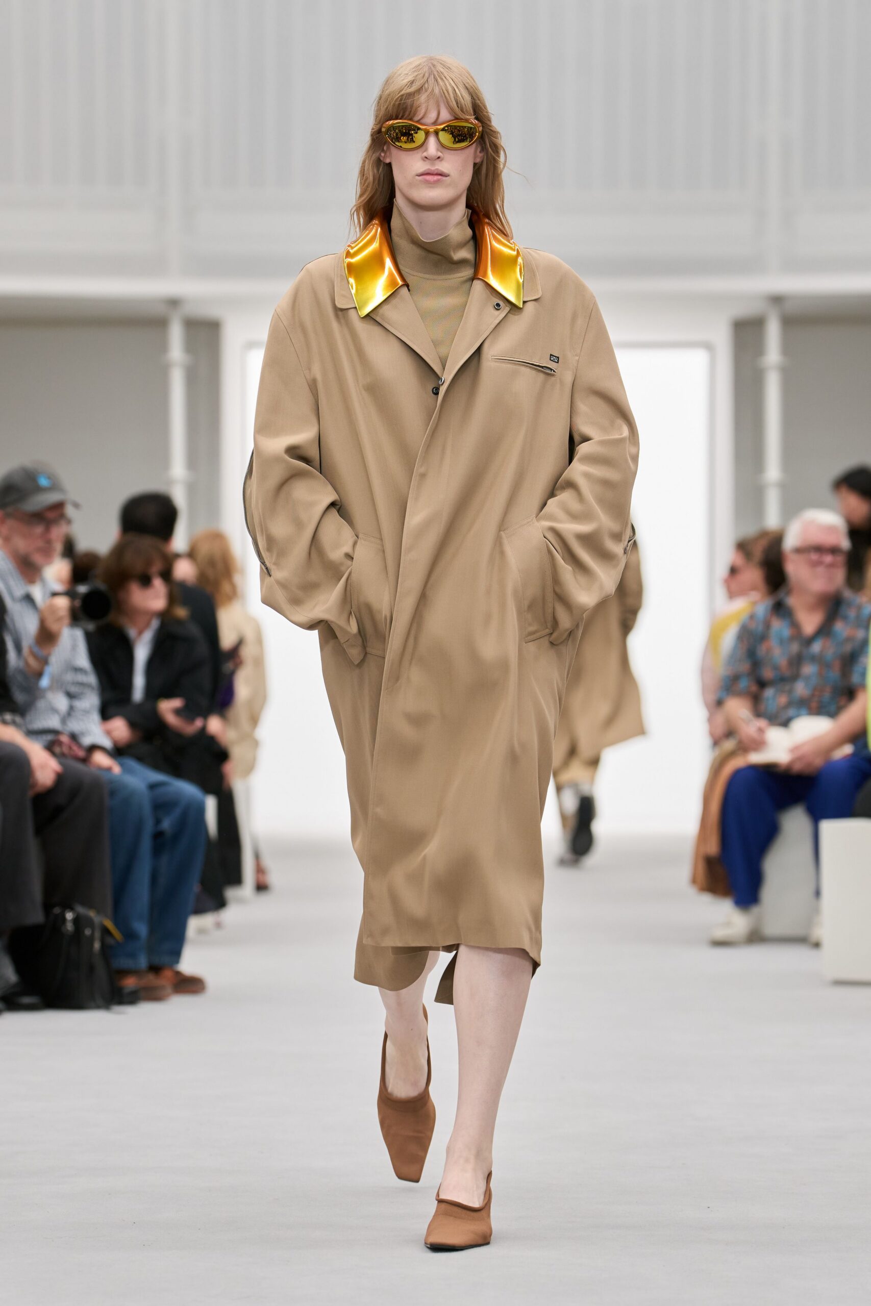 beige oversized coat with metallic collar