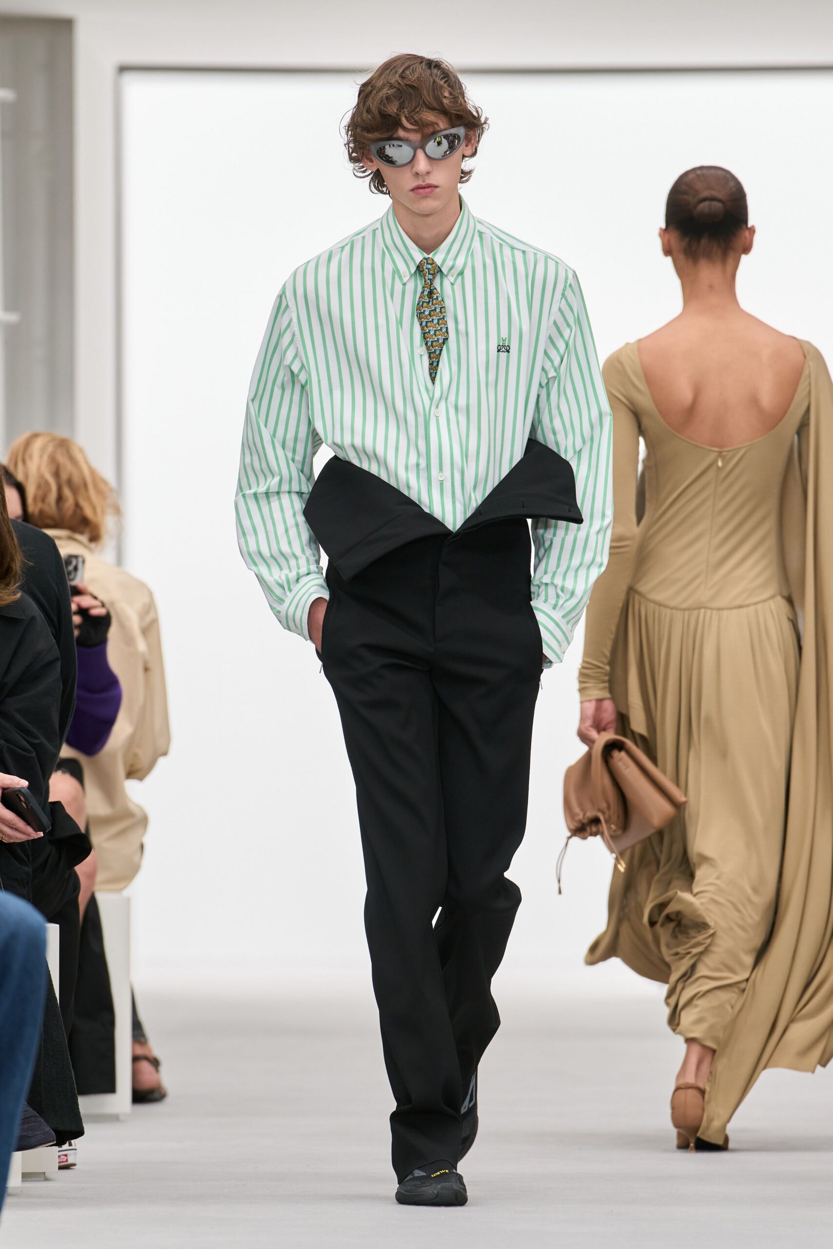 oversized green striped button-down shirt
