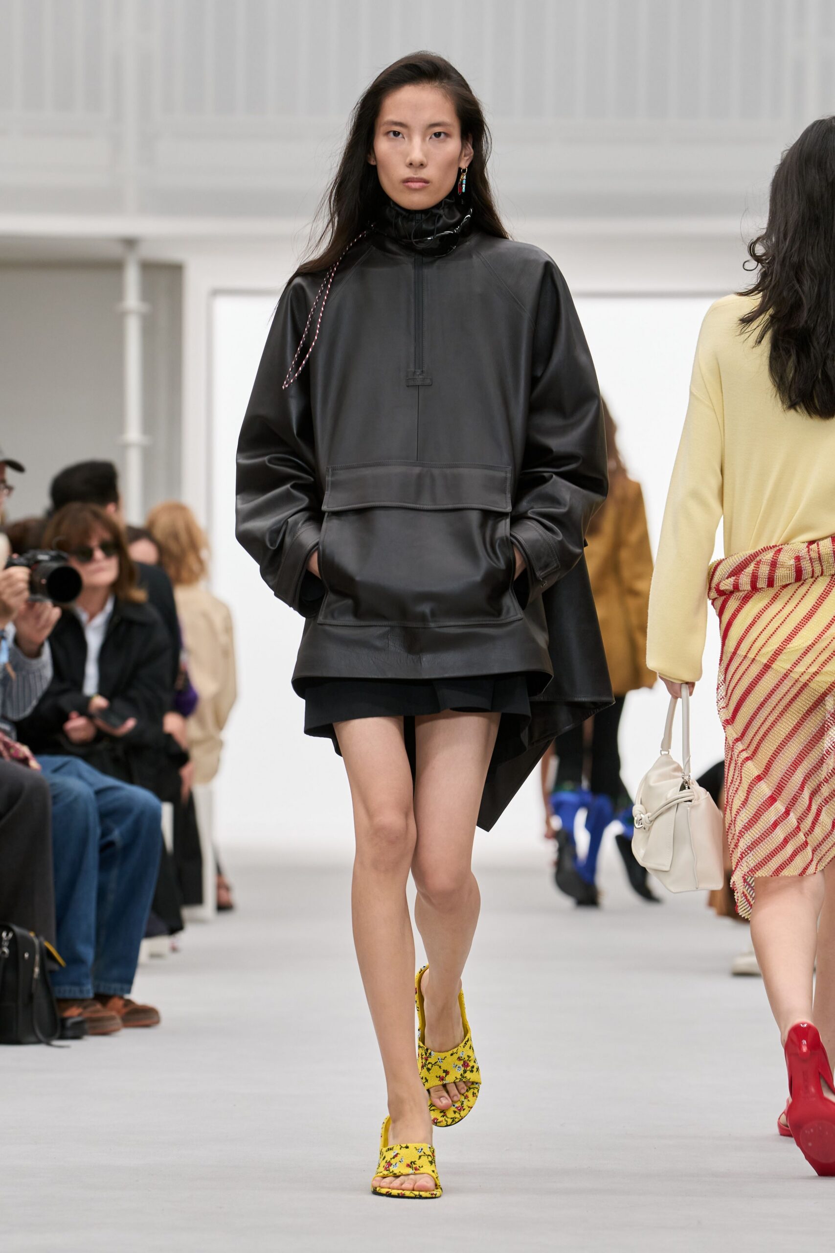 black leather hooded anorak top