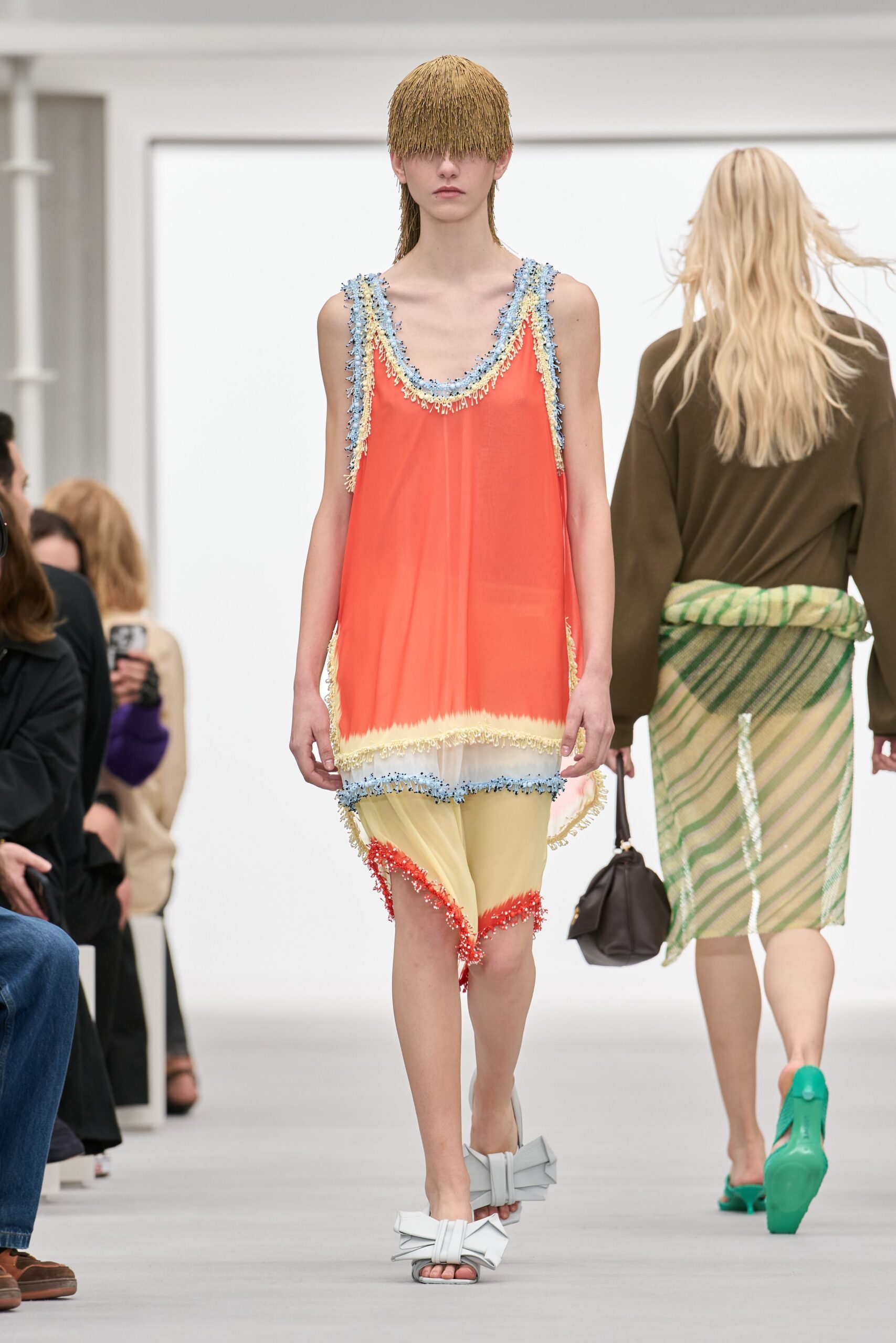 fringed coral chiffon slip dress