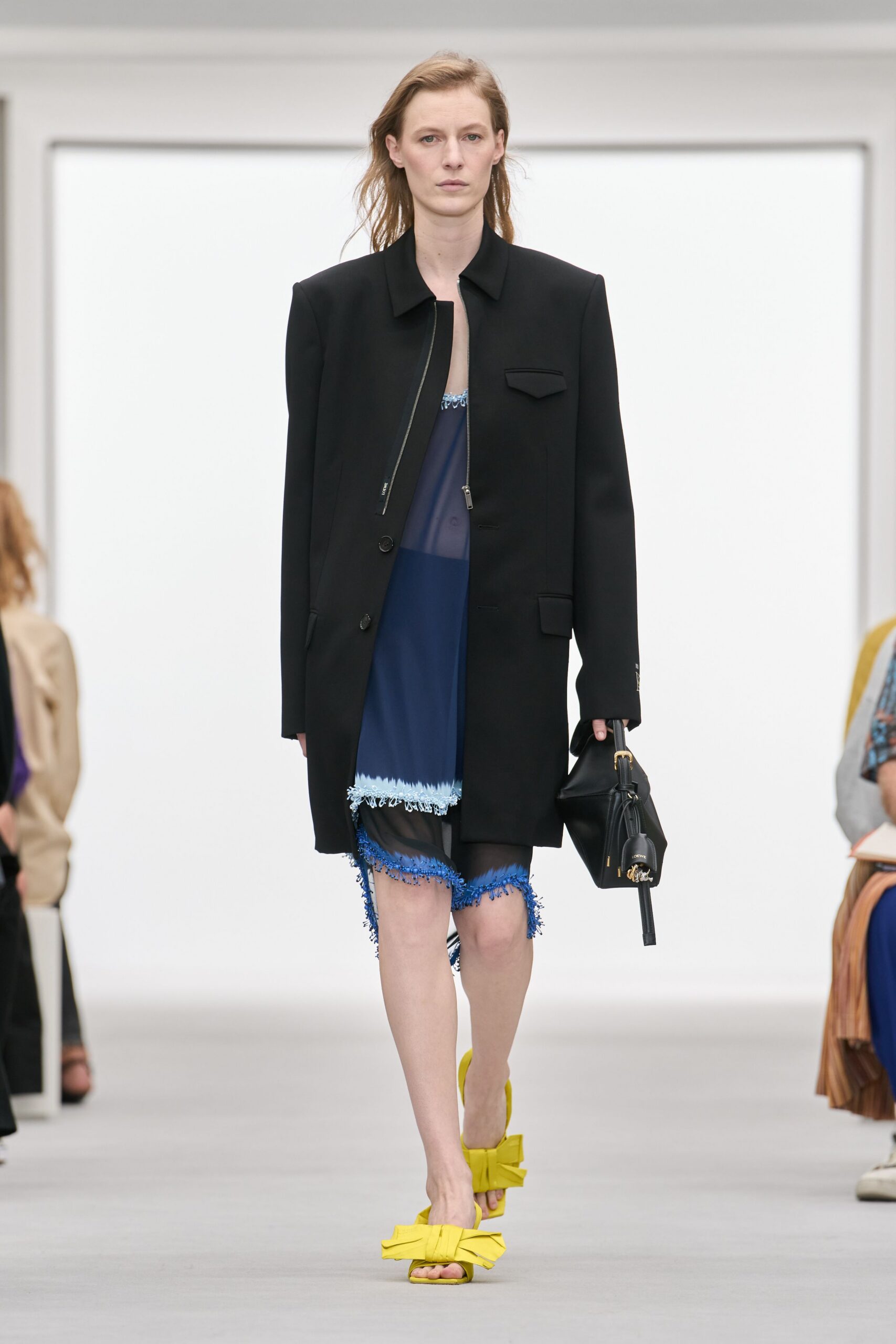 black tailored zip-front coat
