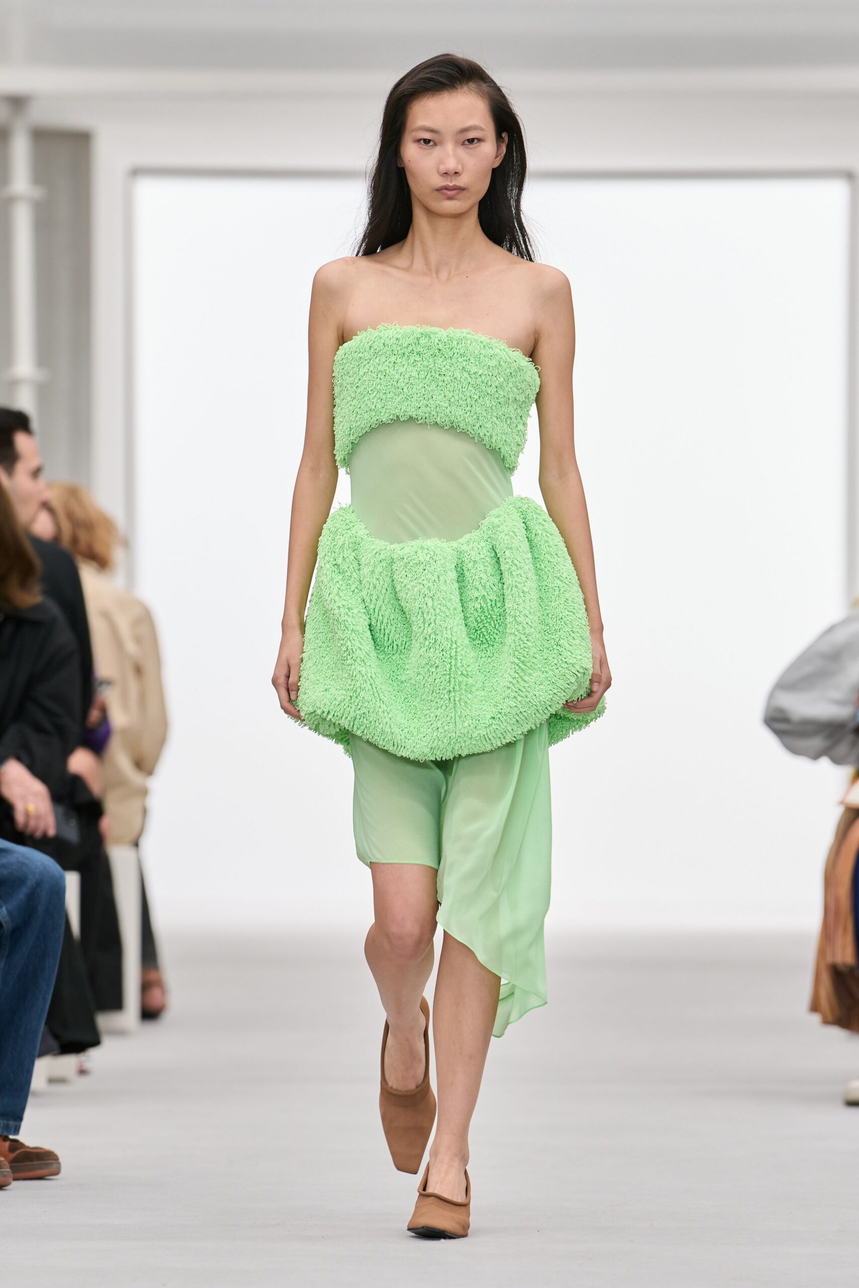 strapless bubble-hem sheer green dress