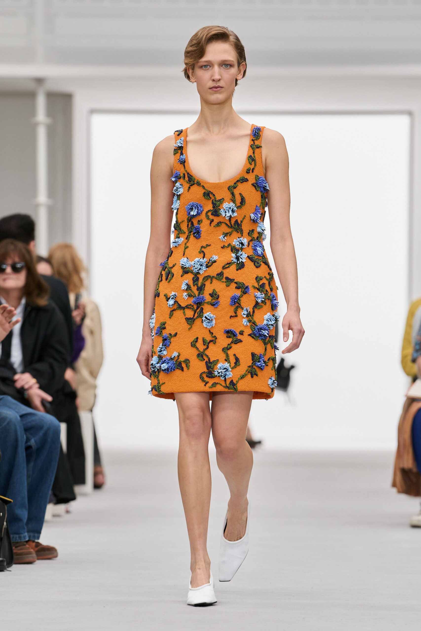 orange floral appliqué mini dress