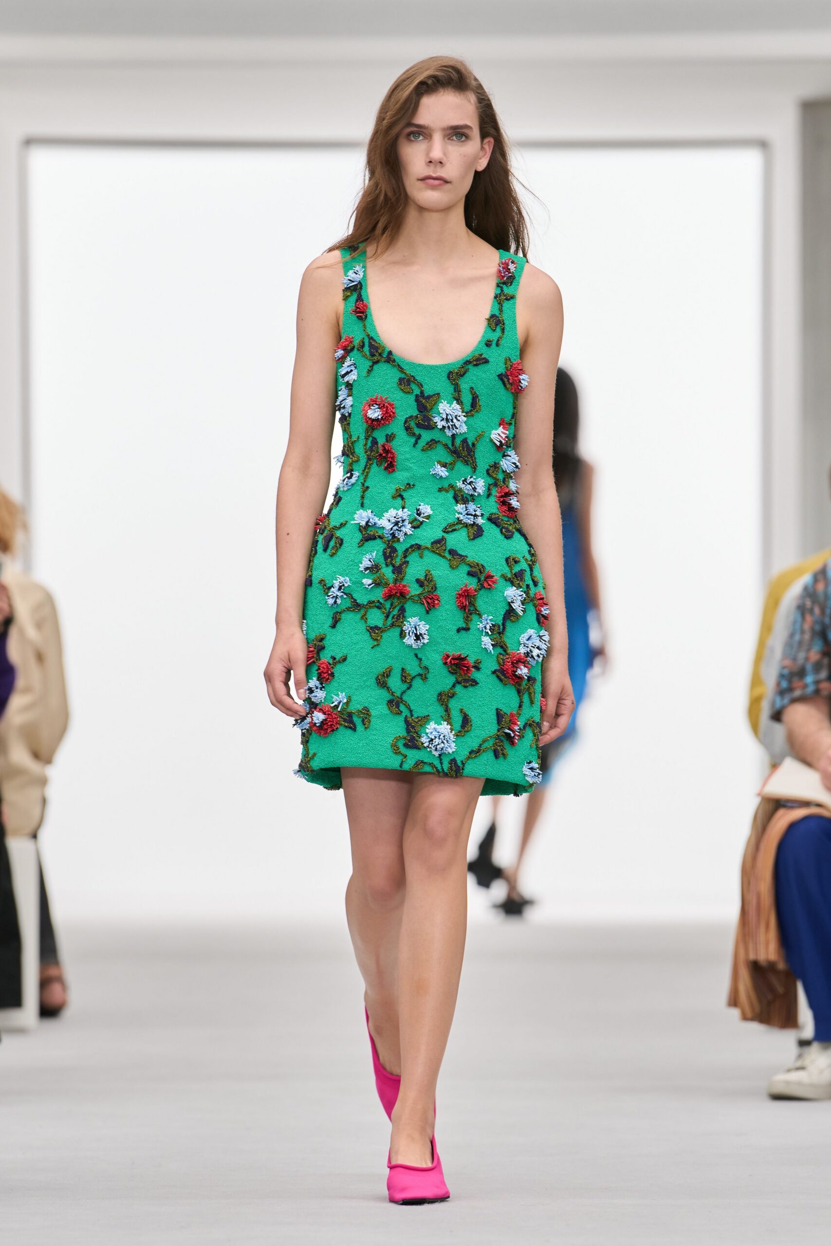 green floral appliqué mini dress