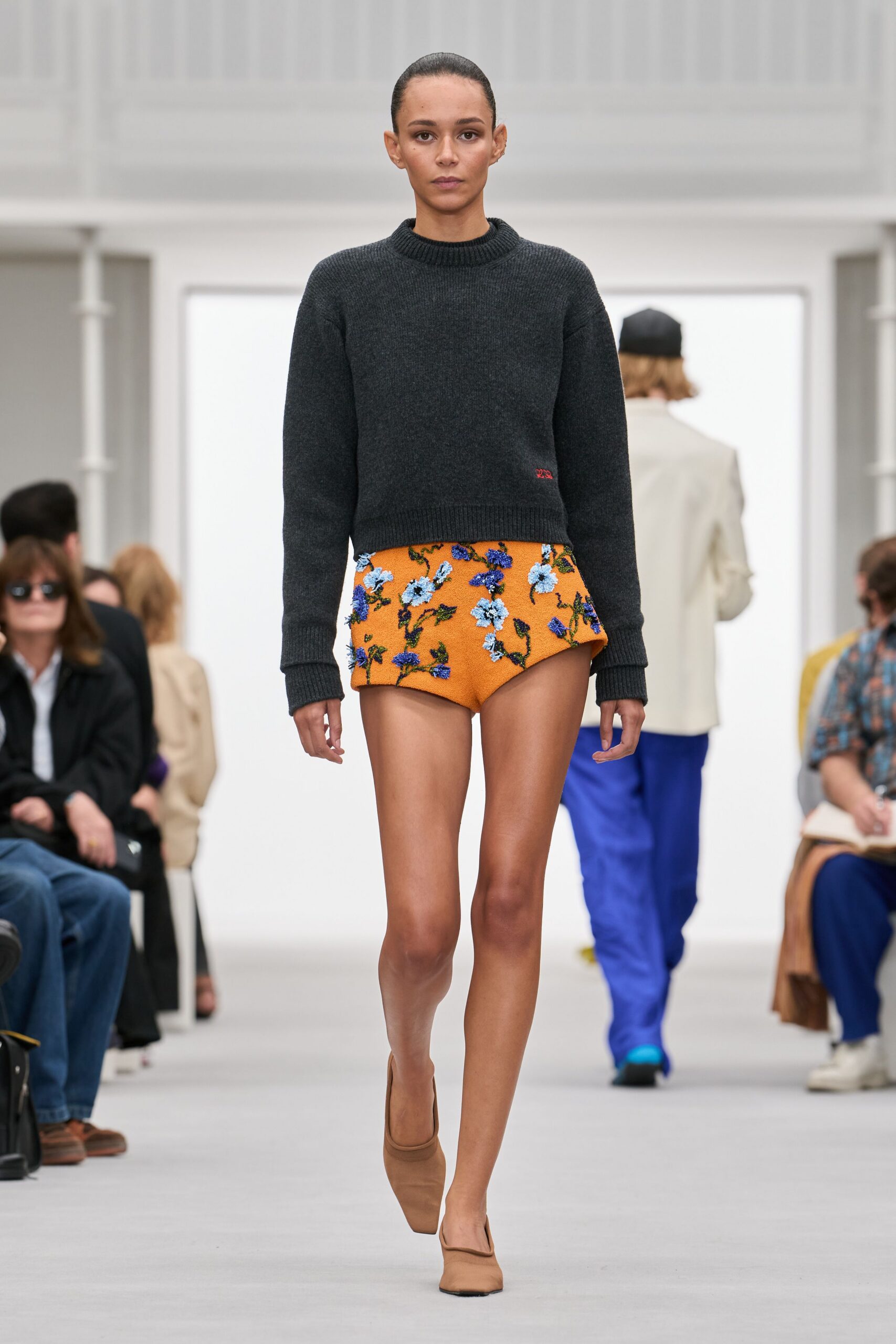 orange floral knit shorts