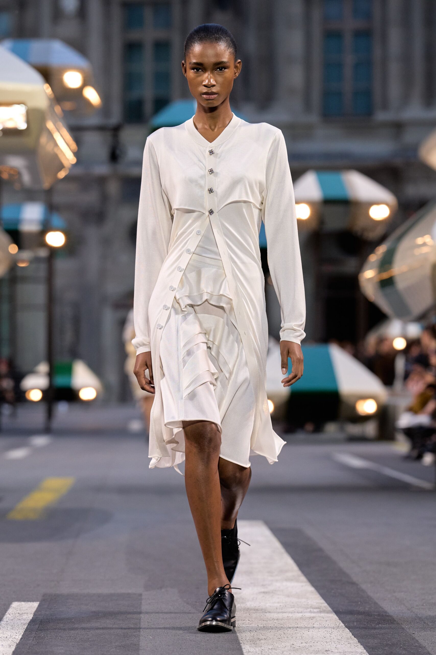 ivory knit long-sleeve v-neck ruffled buttoned dress