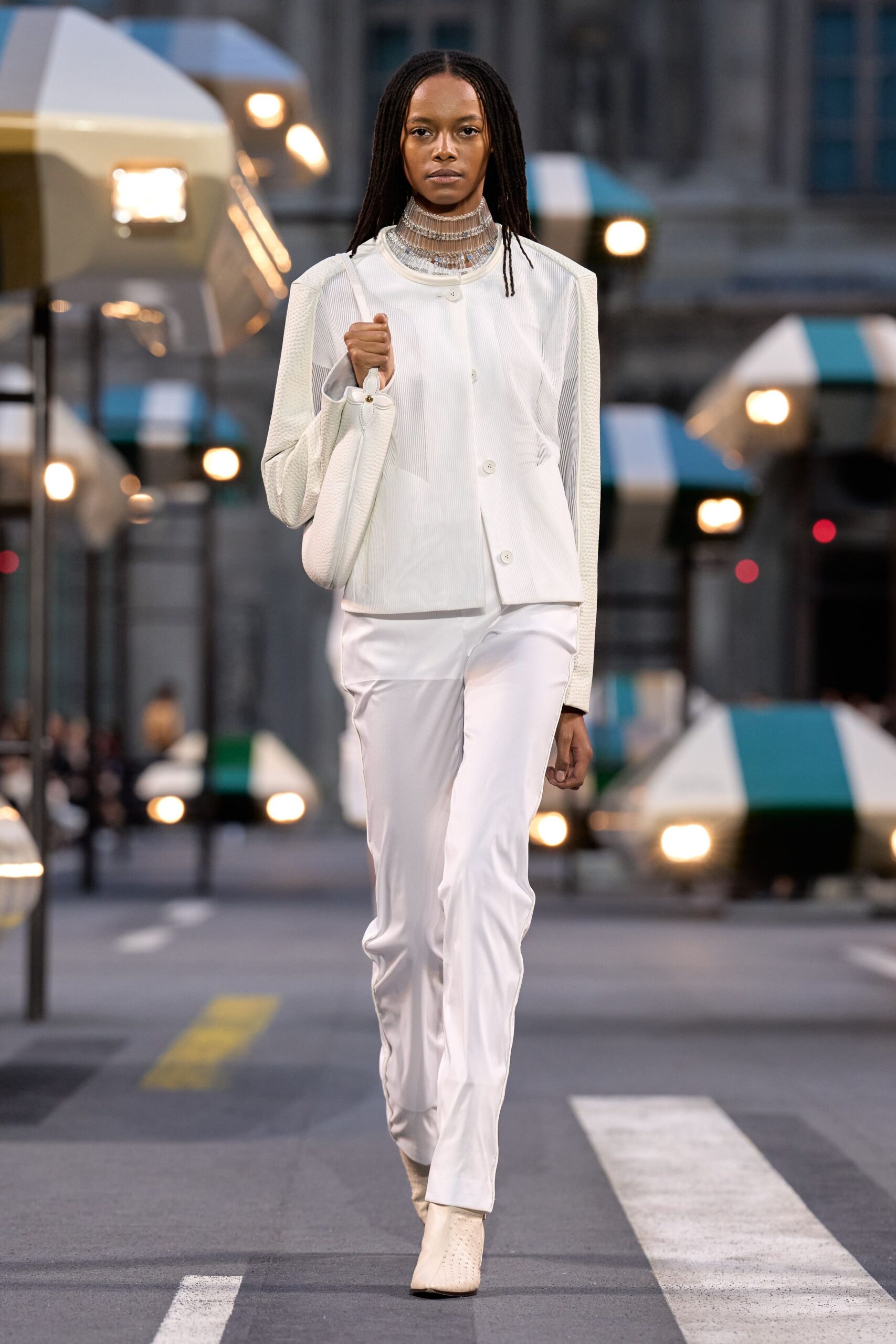 white long-sleeve high-neck structured buttoned panelled jacket