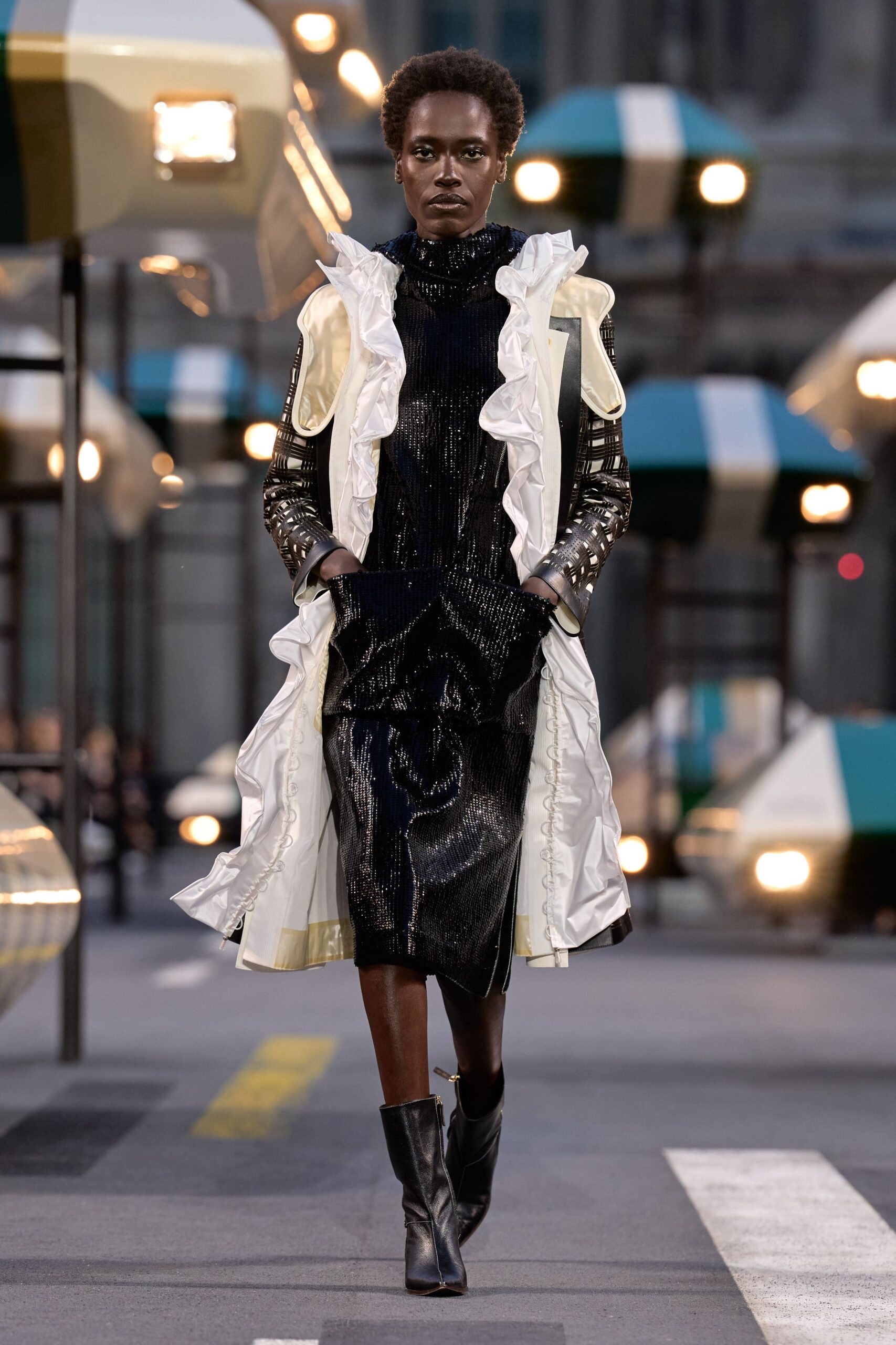 white long-sleeve open-front structured ruffled panelled midi coat