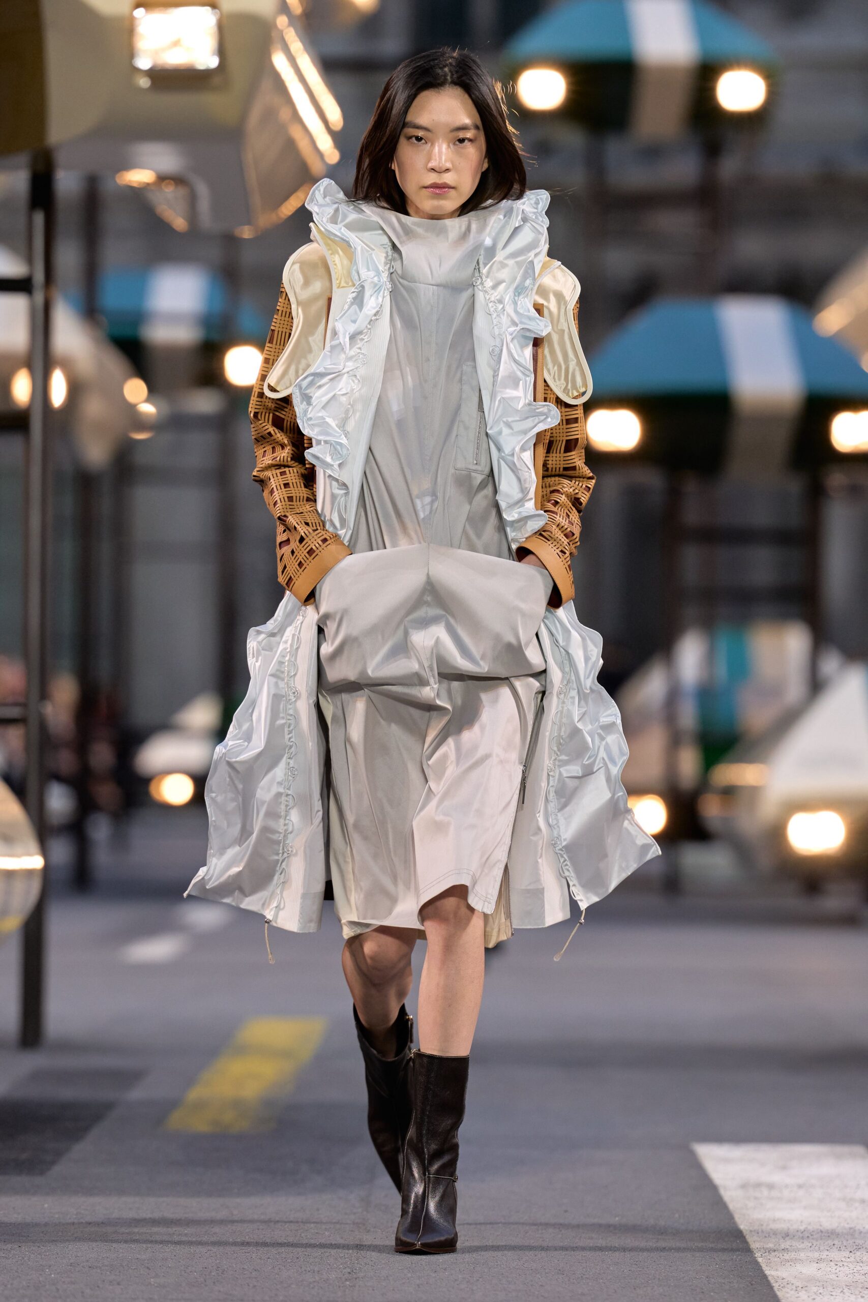 white nylon high-neck long-sleeve ruffled zippered shiny dress