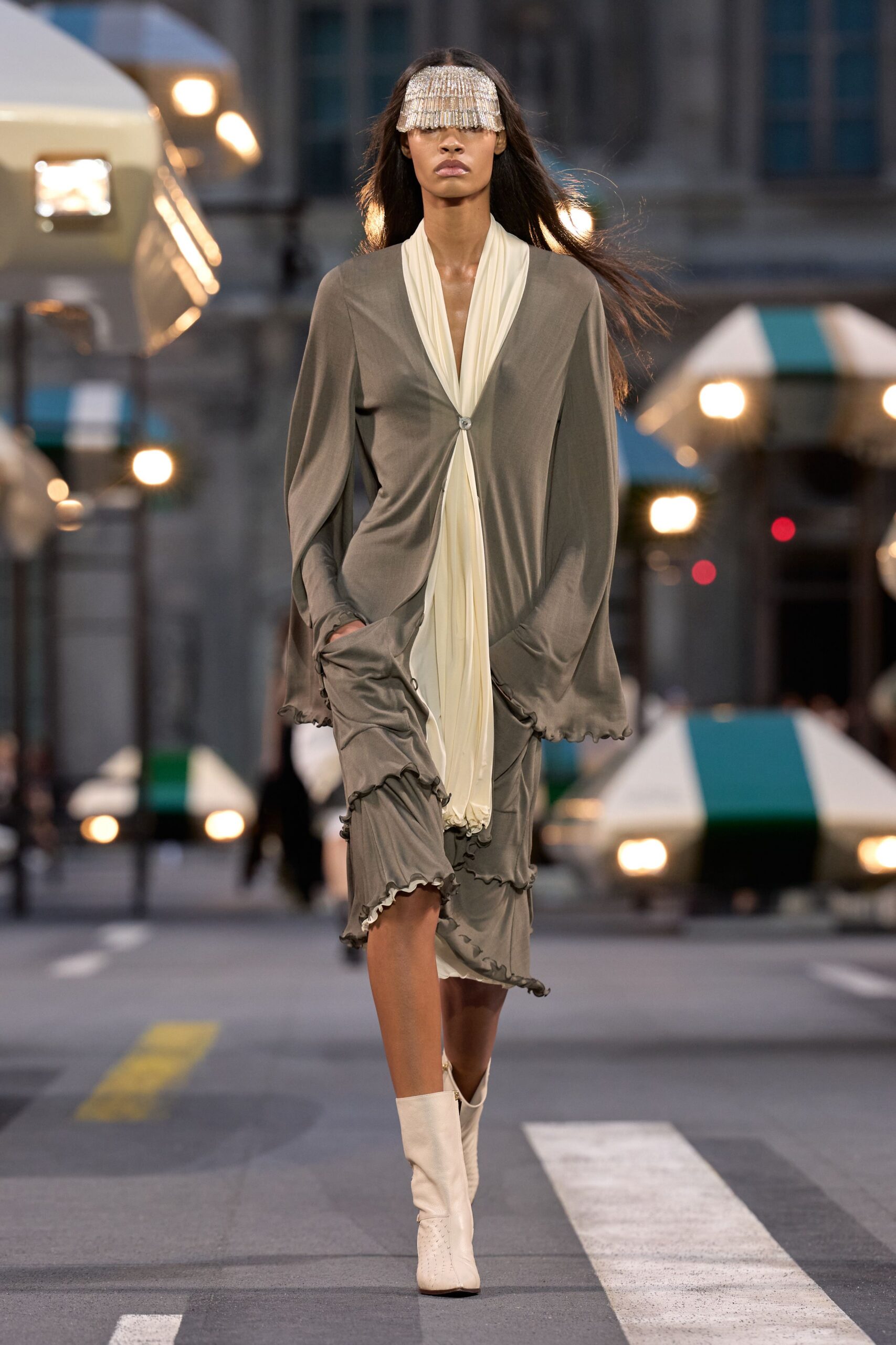 gray jersey long-sleeve v-neck relaxed ruffled draped midi-dress