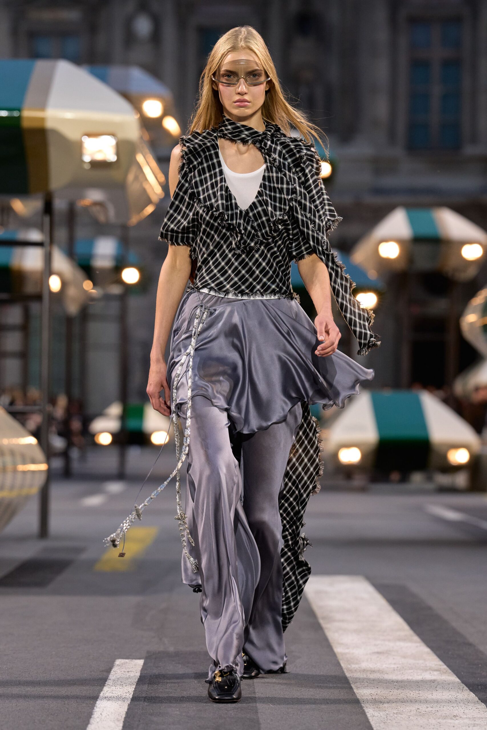 gray satin wide-leg draped shiny flowing pants