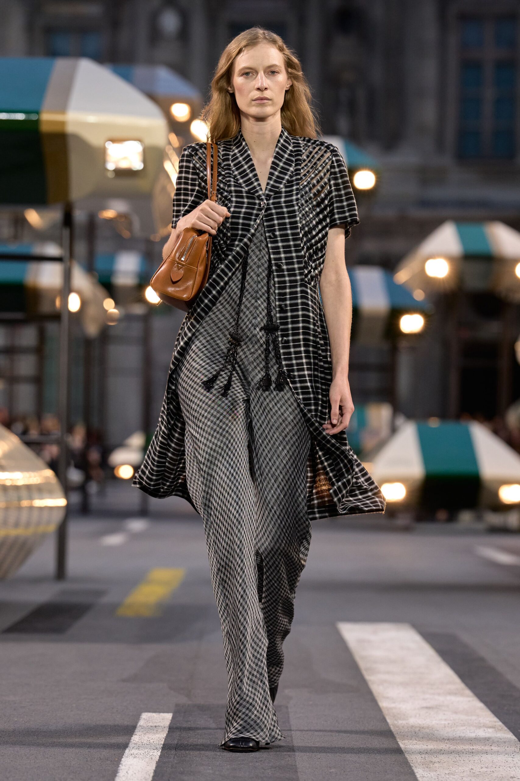 gray checked wide-leg flowing pants