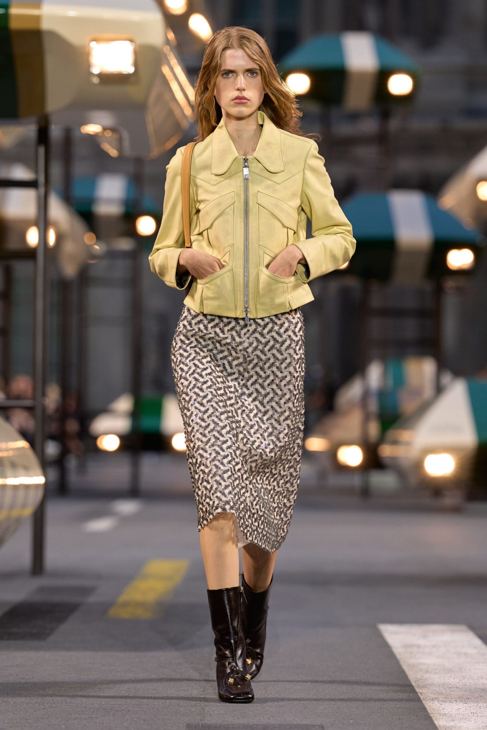 yellow leather long-sleeve collared structured zippered pockets jacket