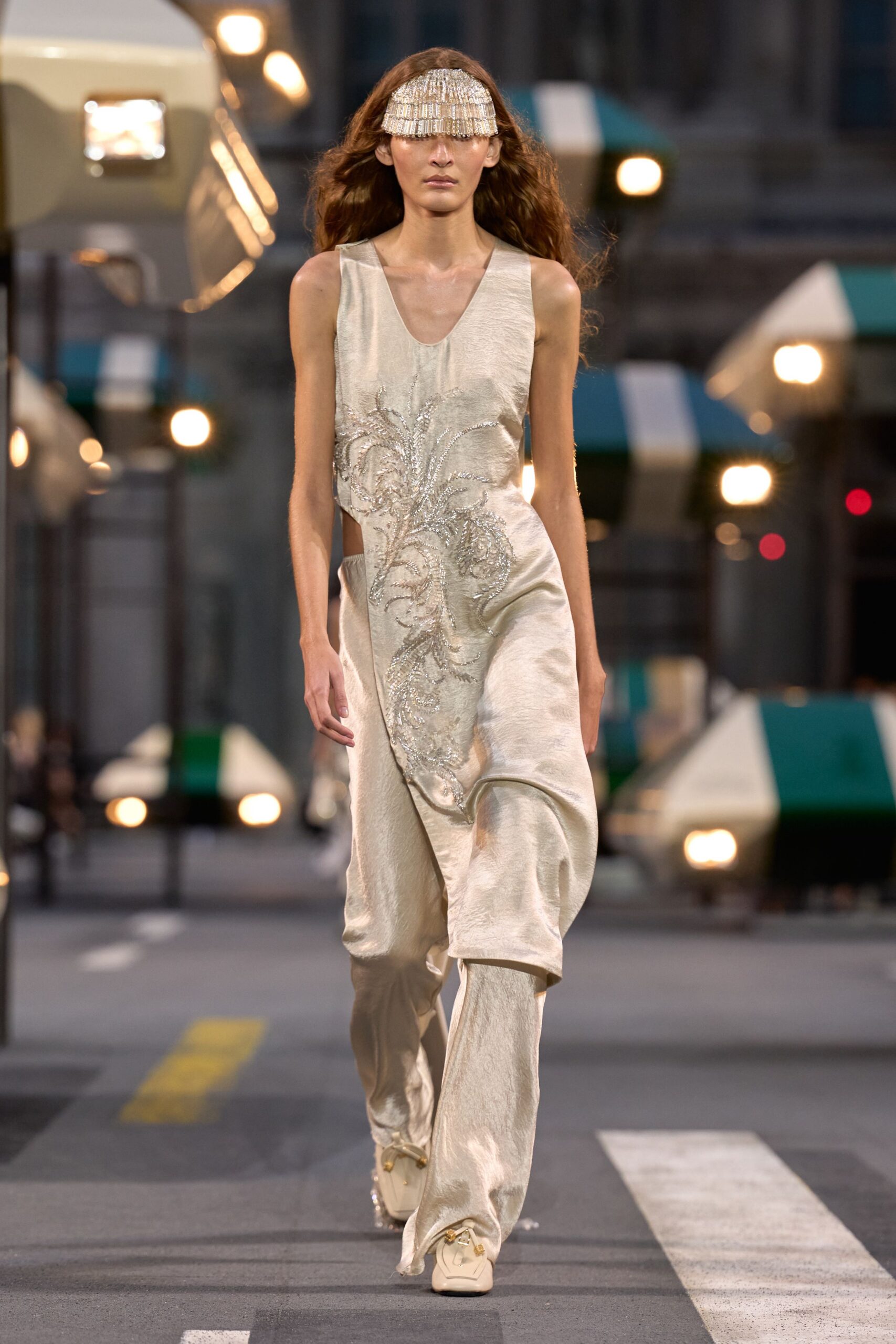 ivory satin sleeveless scoop-neck beaded embroidered jumpsuit