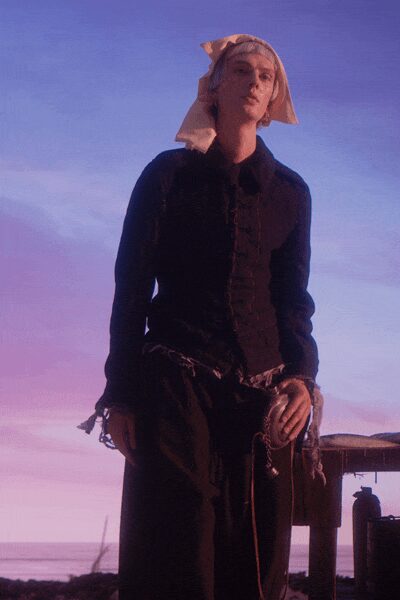 black long-sleeve collared fitted ruffled shirt