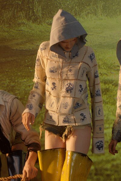 beige knit hooded long-sleeve relaxed printed ribbed hoodie