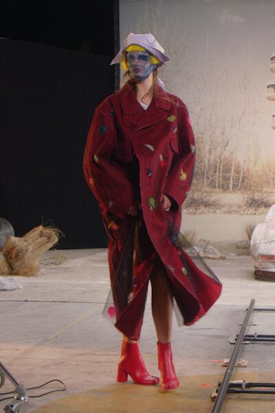red double-breasted long-sleeve oversized printed buttoned maxi coat