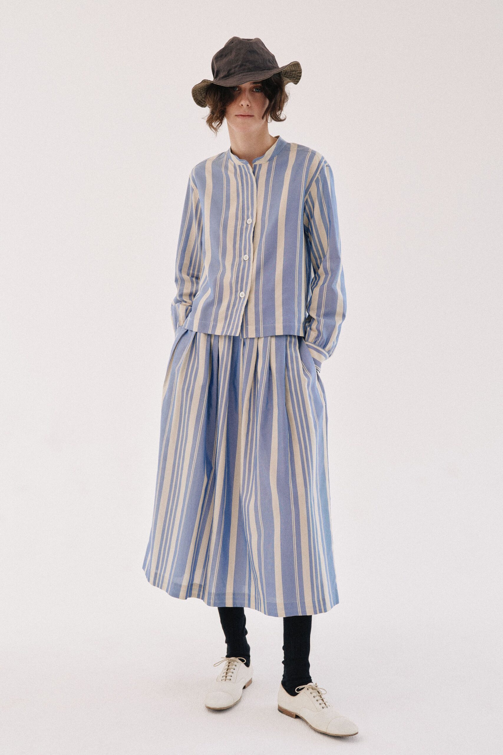blue and white striped cropped jacket
