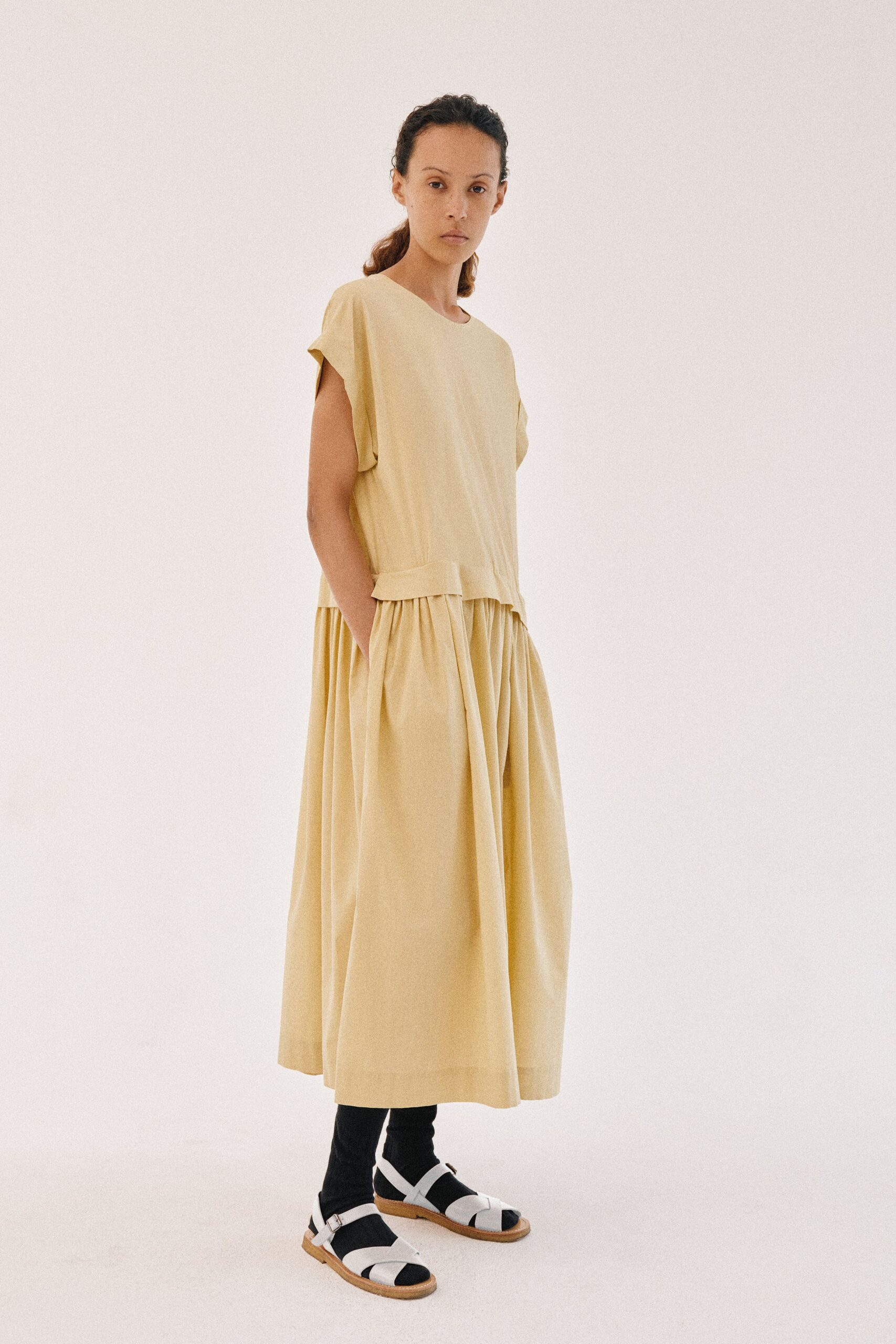 drop-waist yellow midi dress