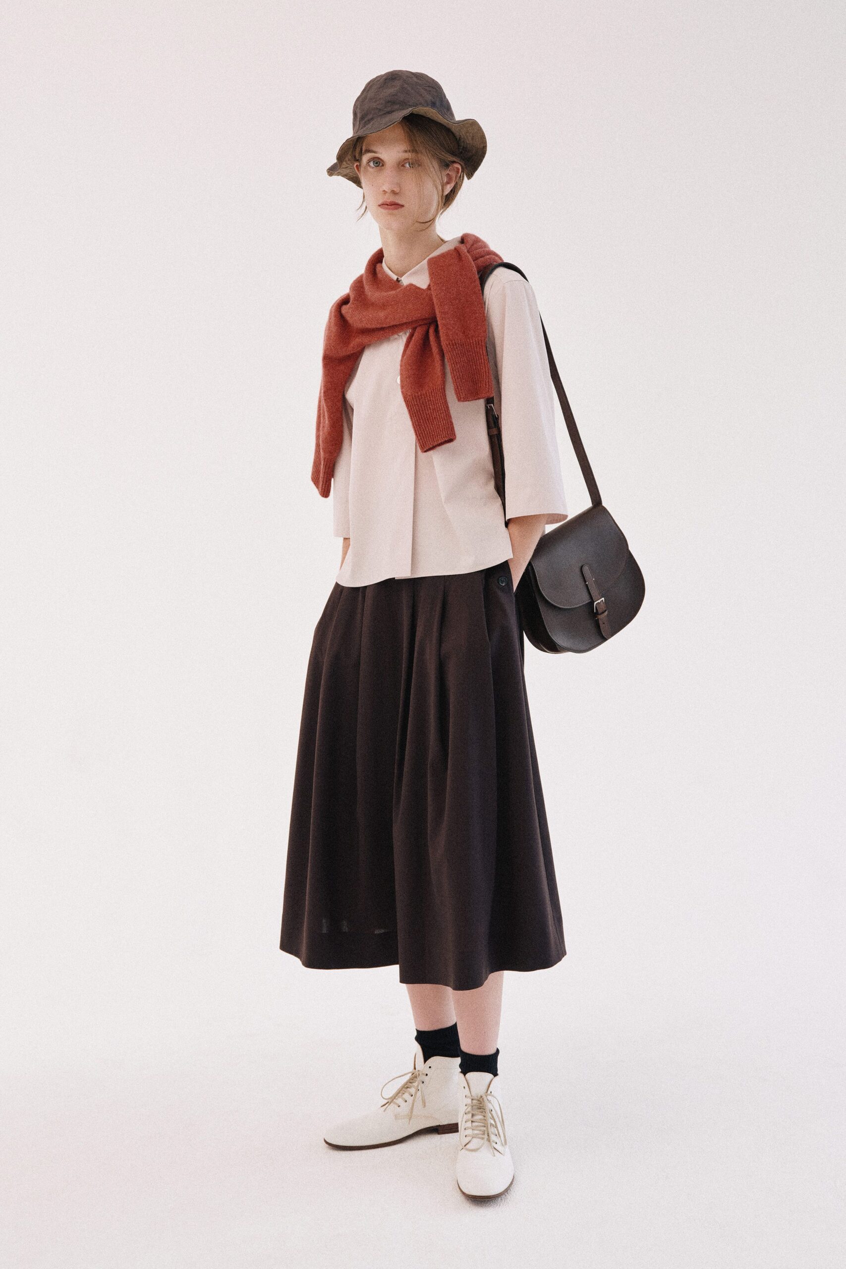 white collared shirt with midi skirt
