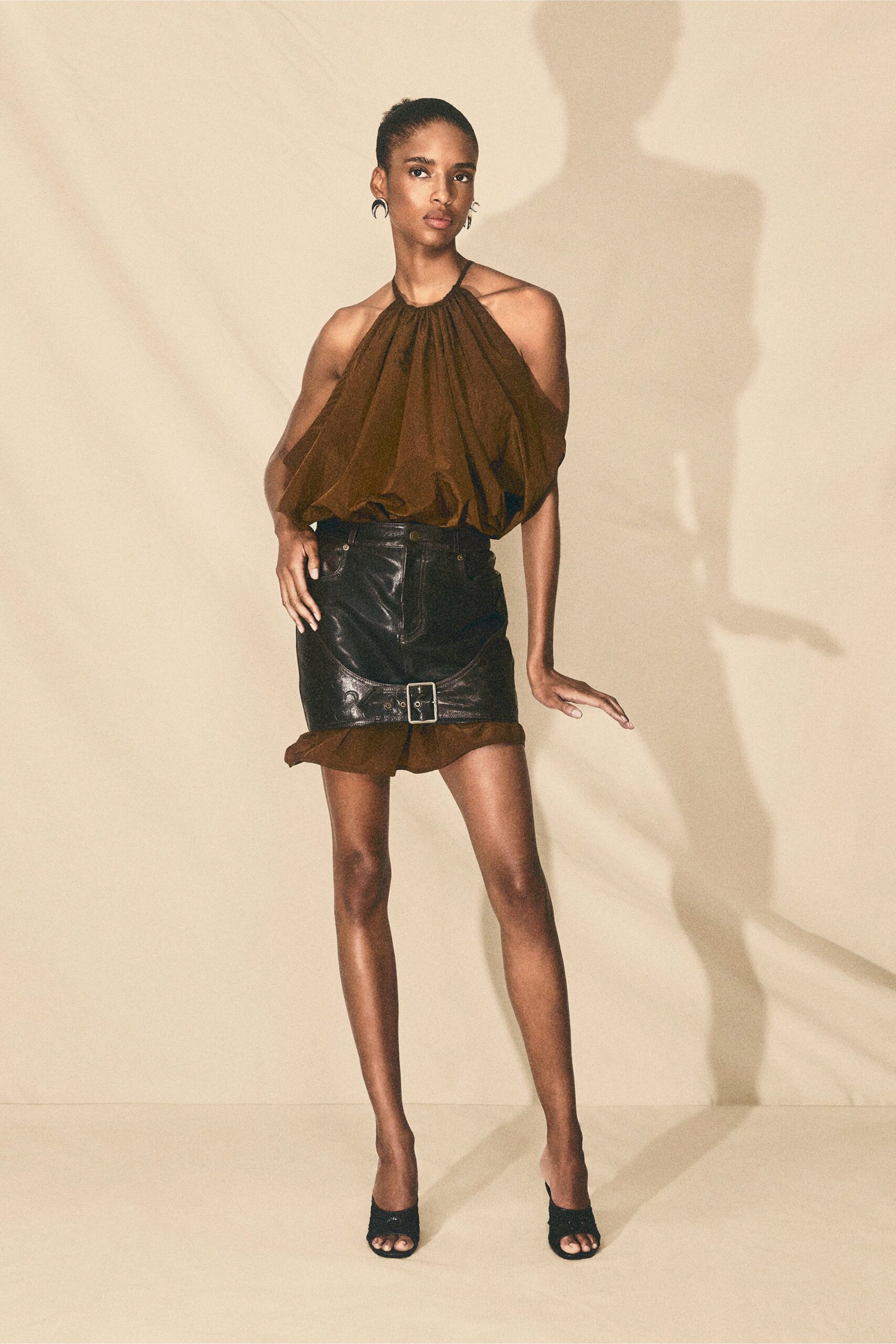 halter bubble-hem leather panel mini dress