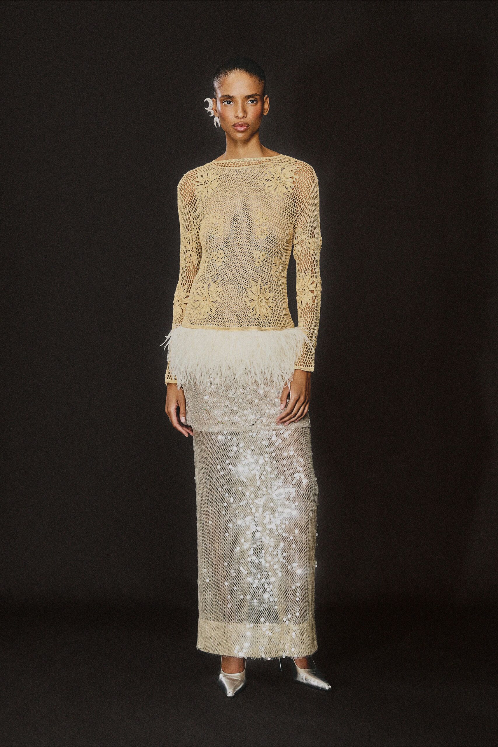 ivory crochet feather-trim evening dress