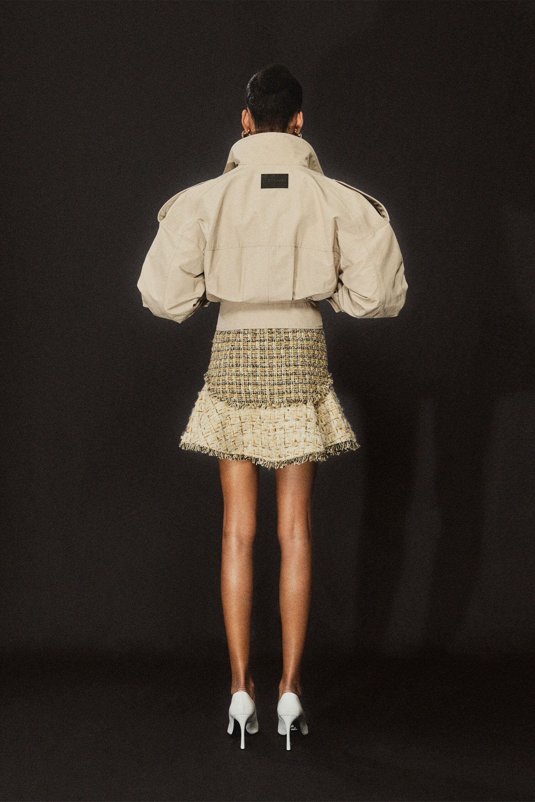 ivory tweed ruffle hem mini dress