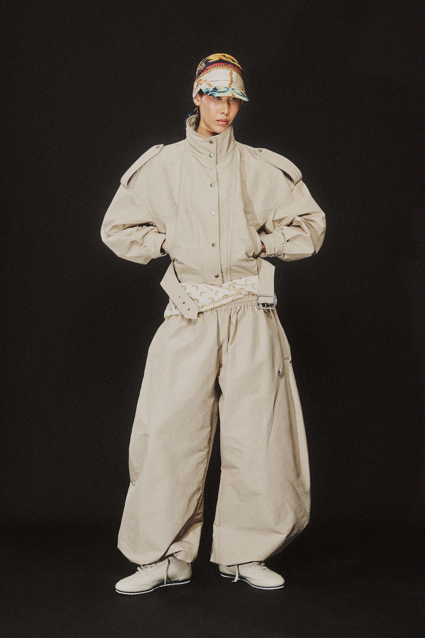 printed baseball cap and cropped jacket