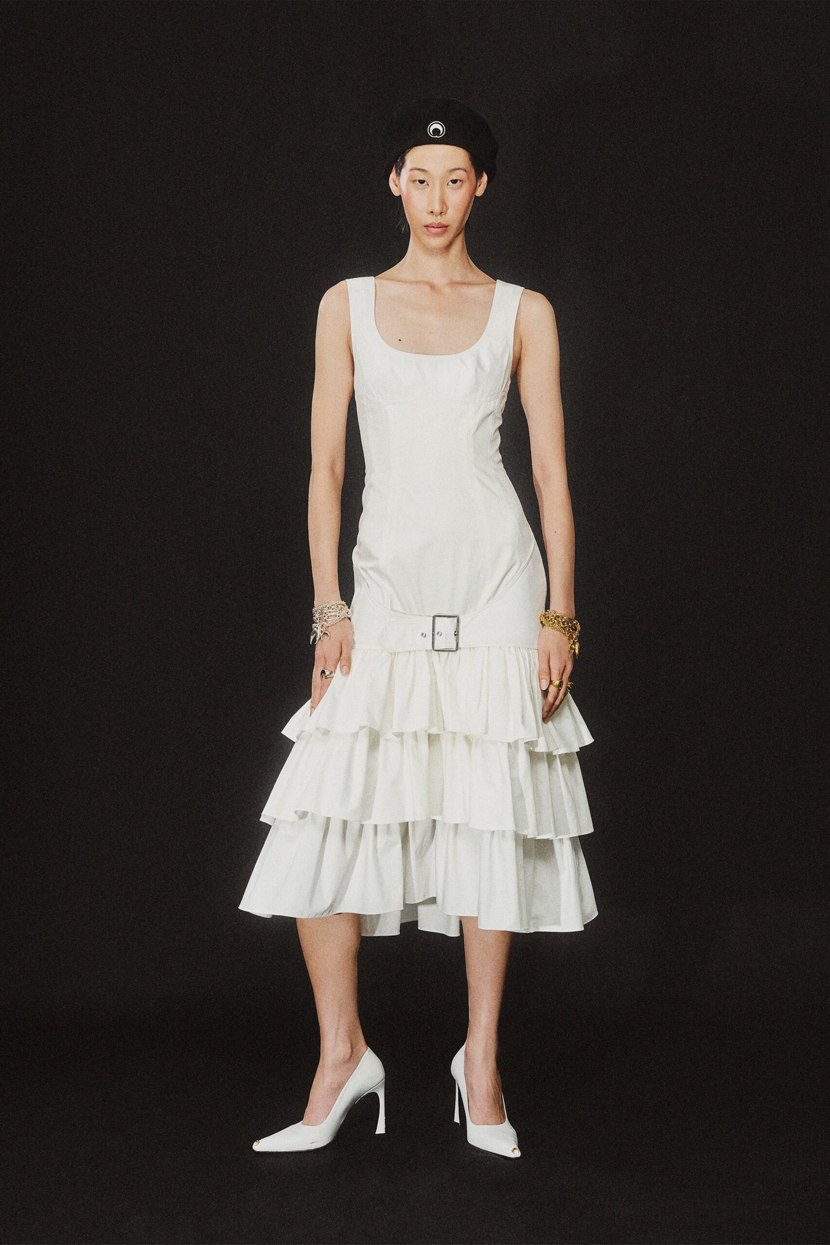 white tiered drop-waist midi dress