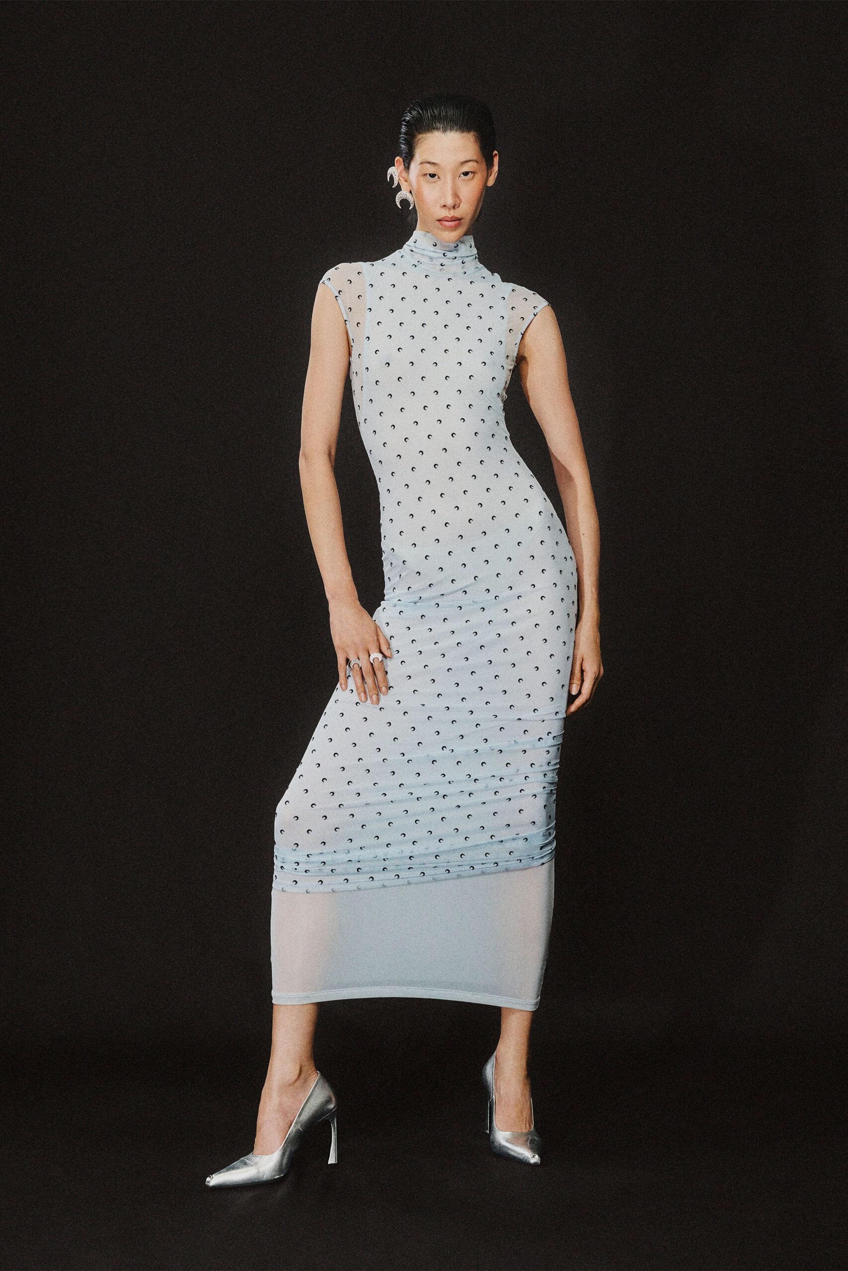 crescent moon print turtleneck midi dress