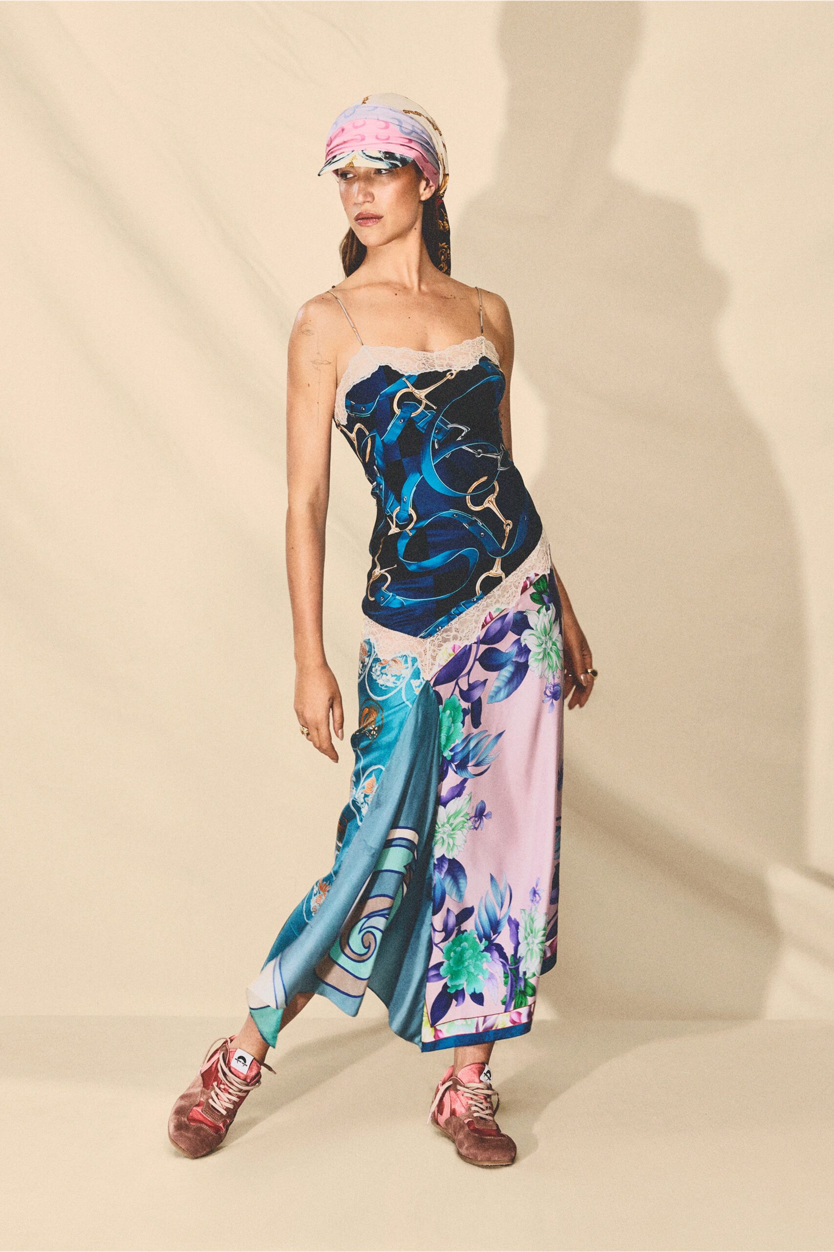 scarf-print lace-trim slip dress
