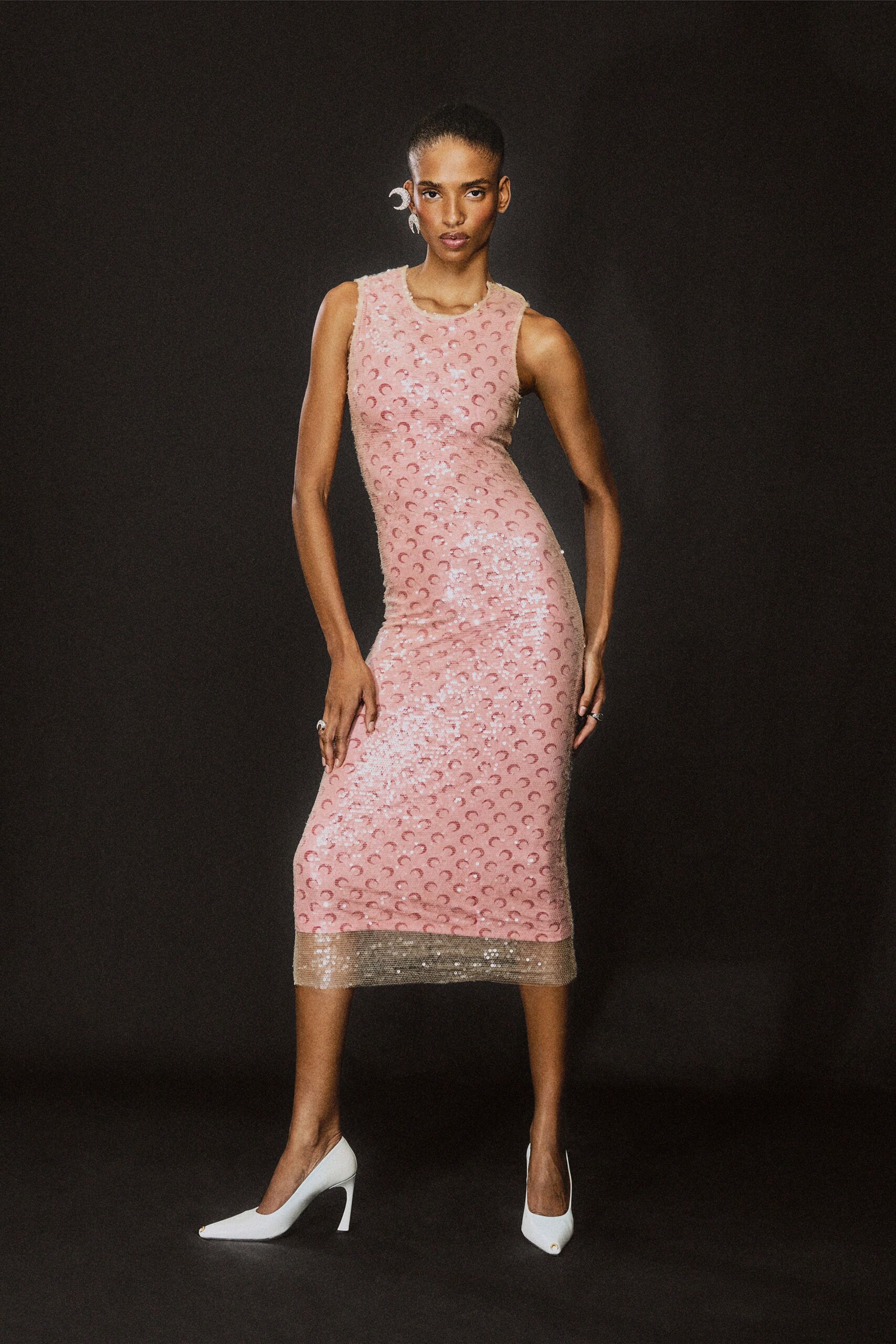 pink sequin sleeveless high-neck fitted embellished printed midi-dress
