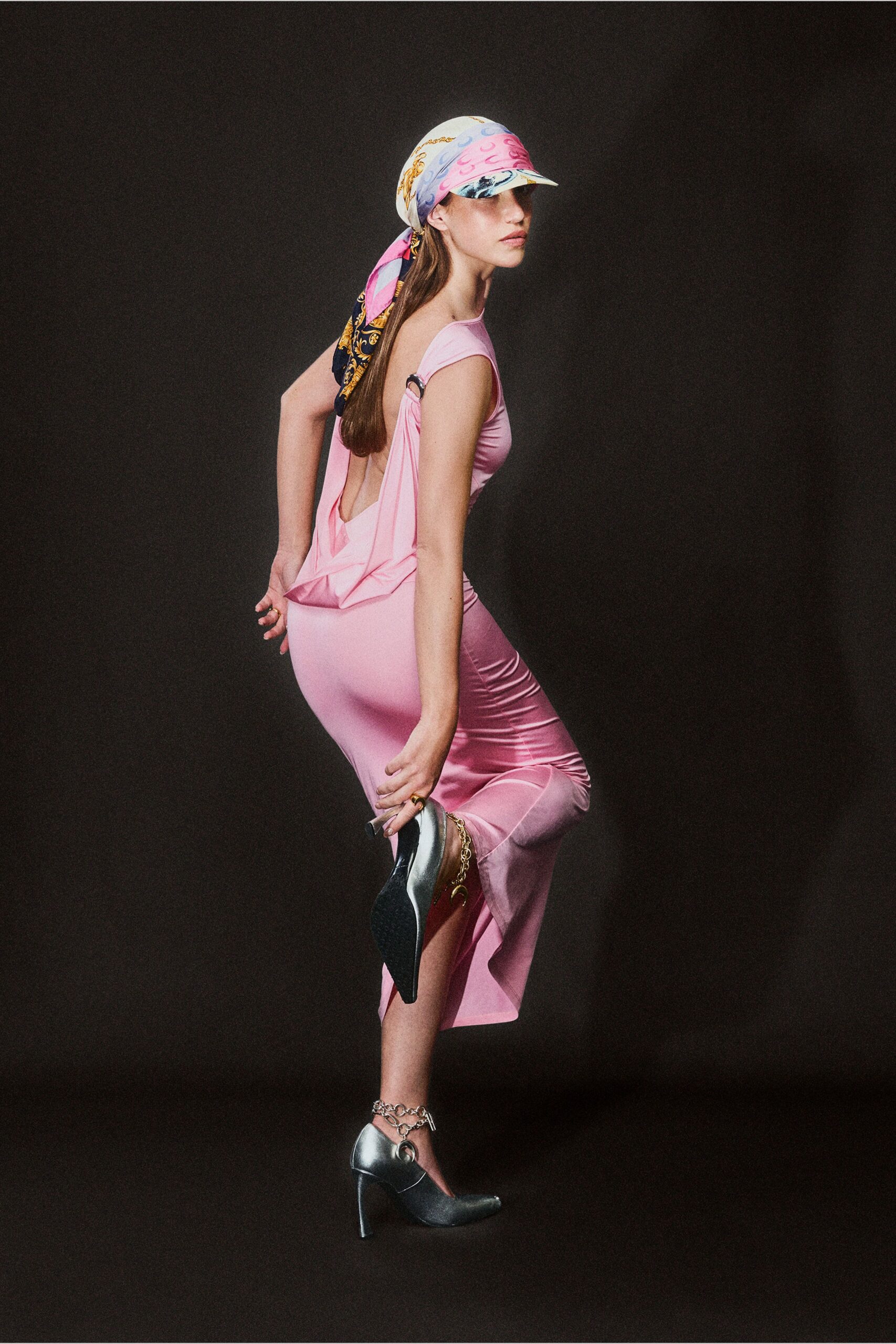 pink satin sleeveless boat-neck fitted draped ruched midi-dress