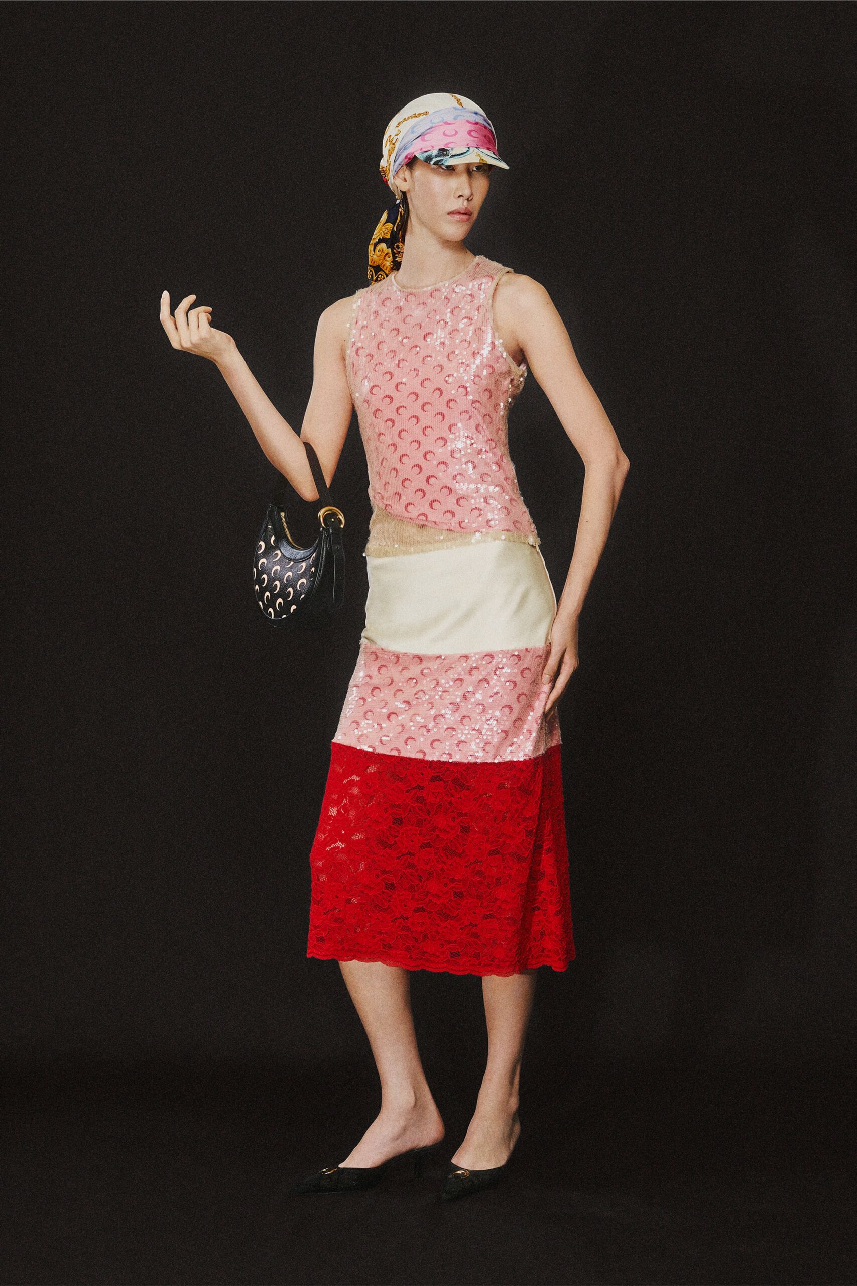 pink sequin crescent-motif midi dress