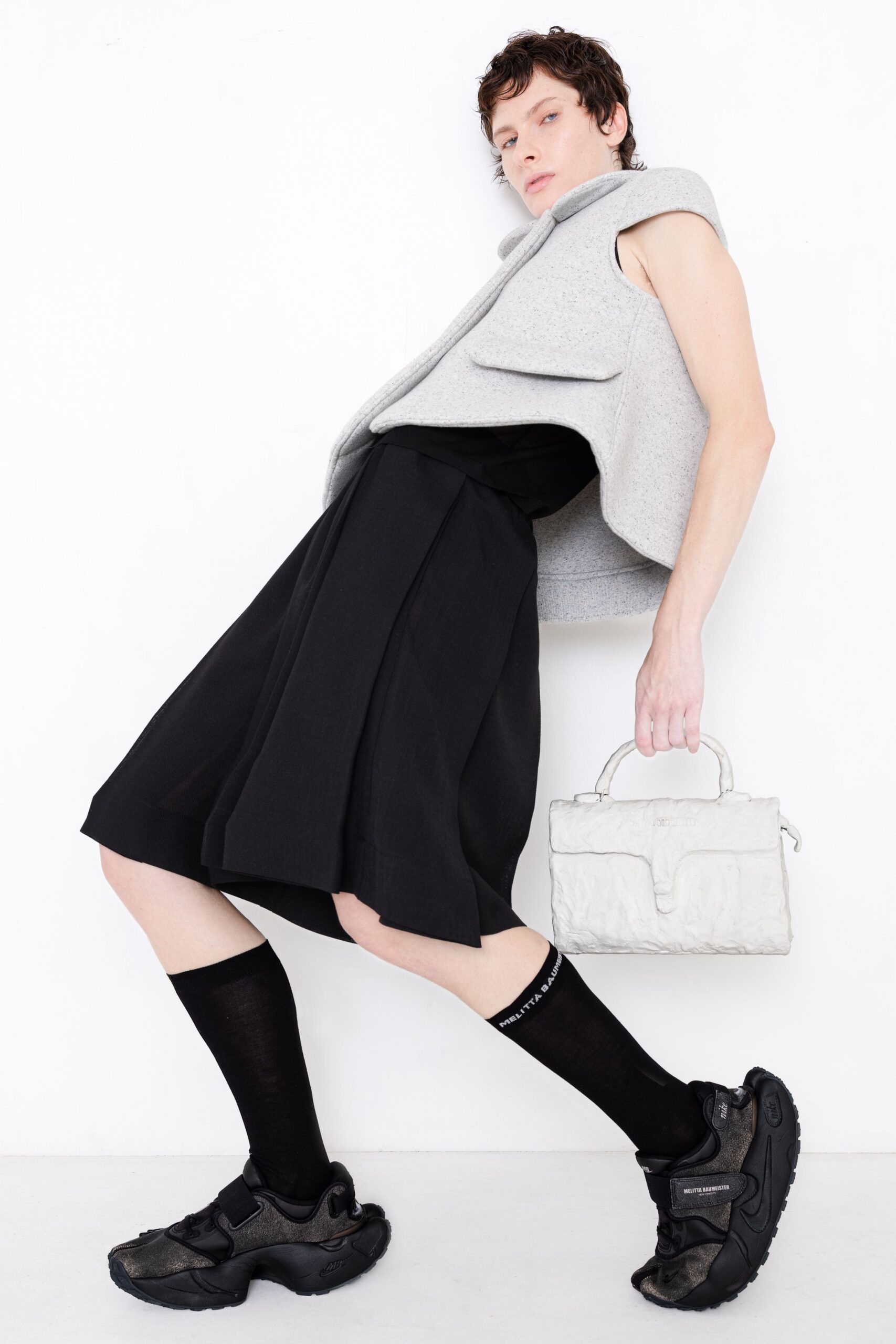 gray wool sleeveless high-neck structured textured cropped top